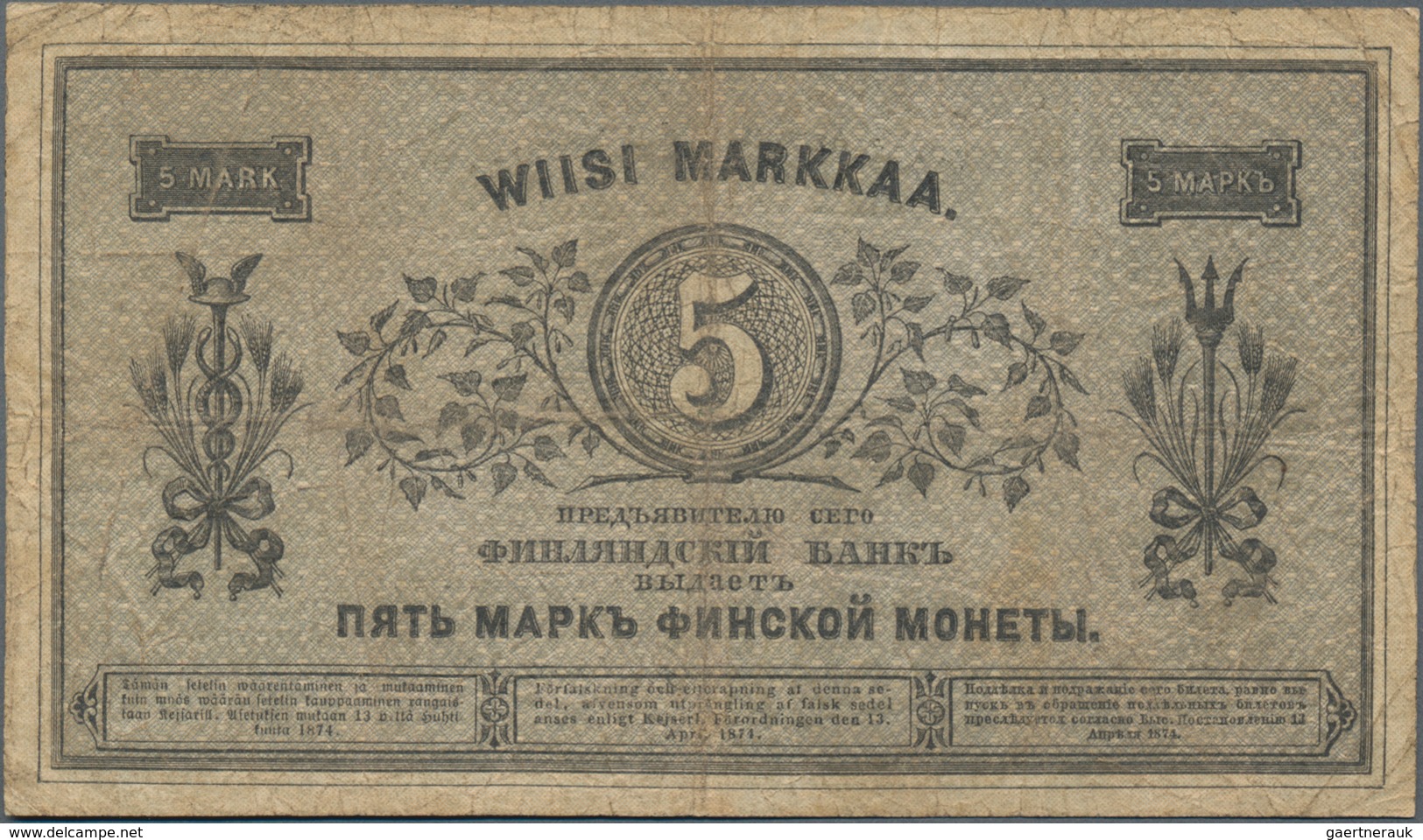 Finland / Finnland: Finlands Bank 5 Markkaa 1878 With Printed Signatures, P.A43b, Still Nice Conditi - Finland