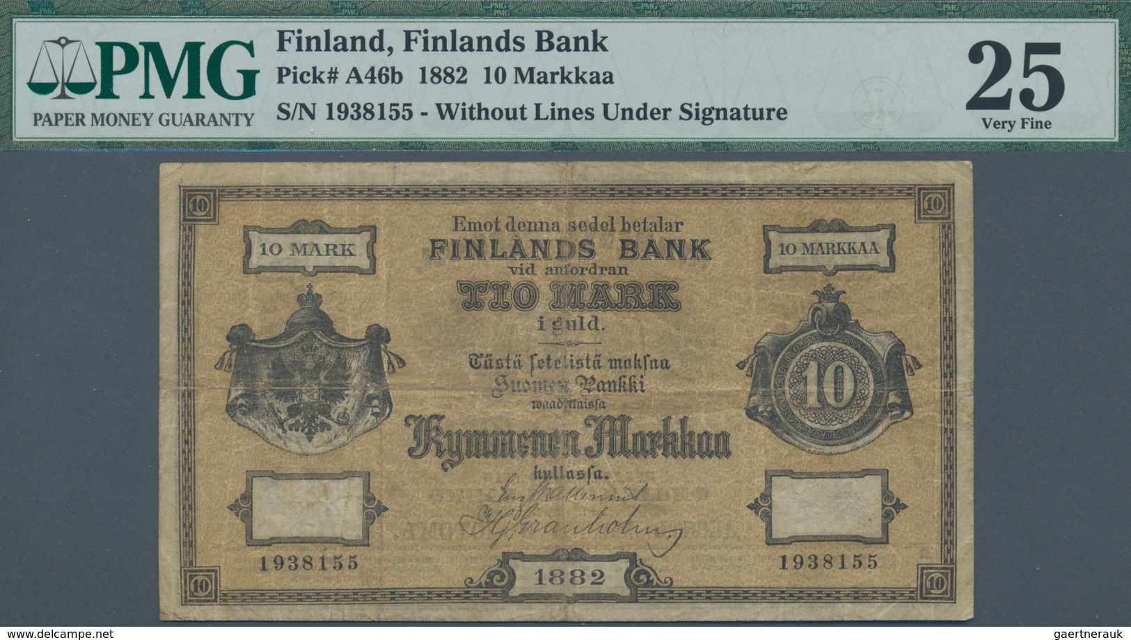 Finland / Finnland: Finlands Bank 10 Markkaa 1882 Without Lines Under Signature, P.A46b, Tiny Margin - Finnland