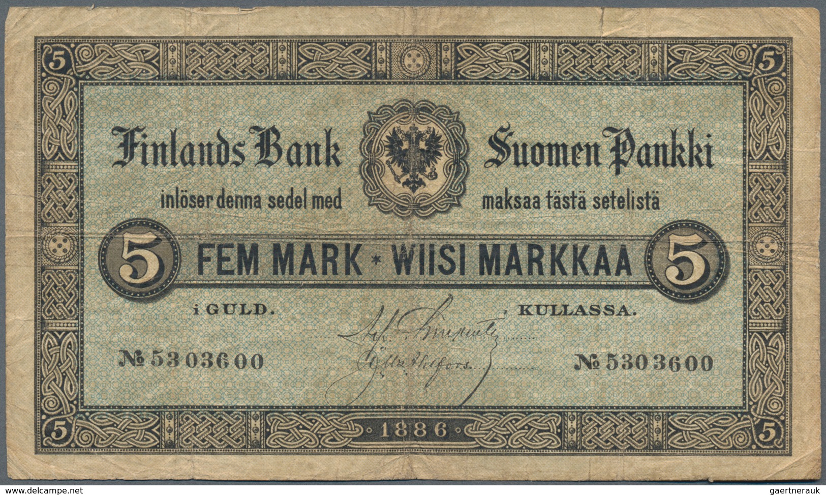 Finland / Finnland: Finlands Bank 5 Markkaa 1886, P.A50, Lightly Toned Paper With Small Border Tears - Finlandia