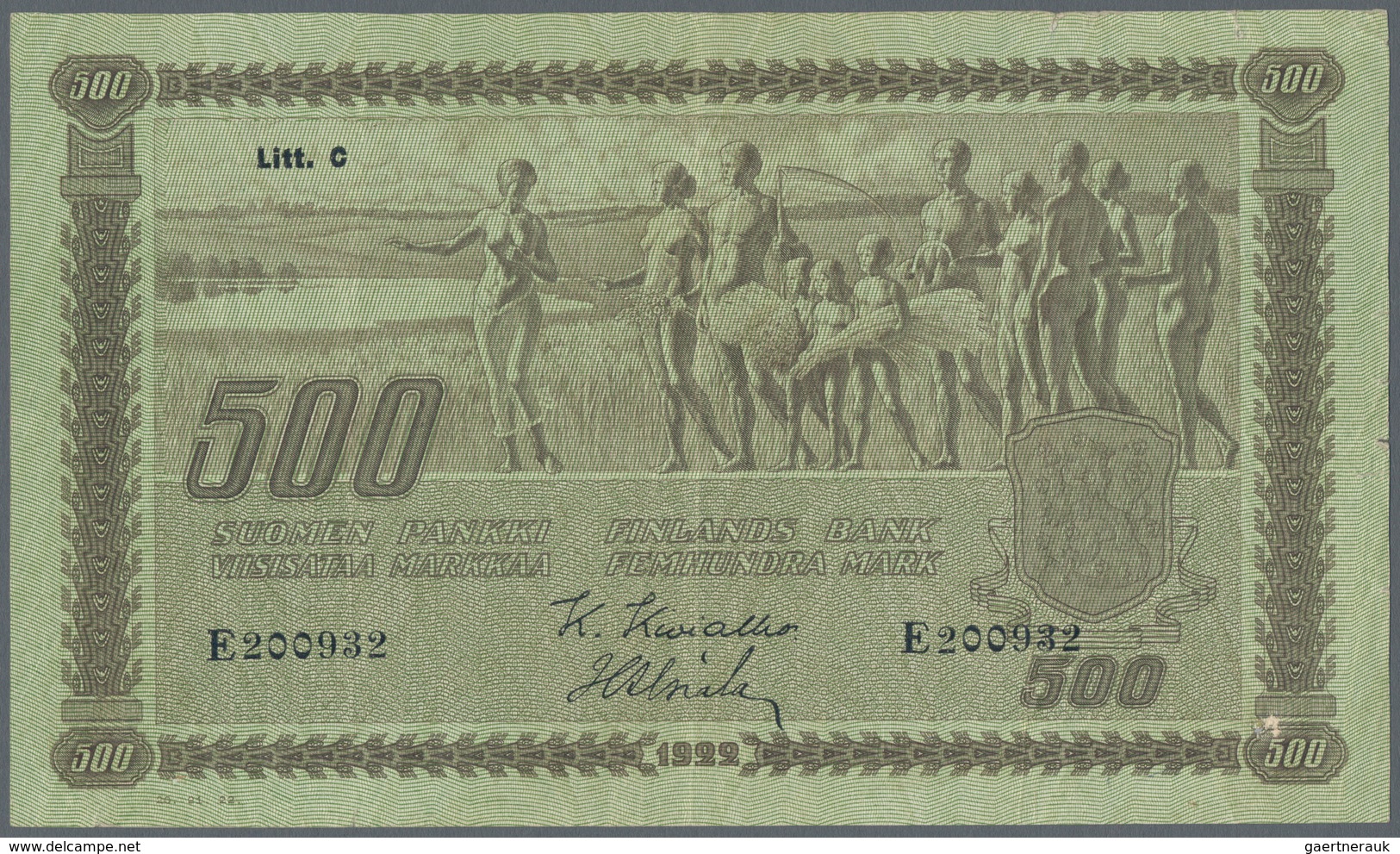 Finland / Finnland: 500 Markkaa 1922, Litt. C, P.66a, Still Nice Note With Small Border Tears, Some - Finnland