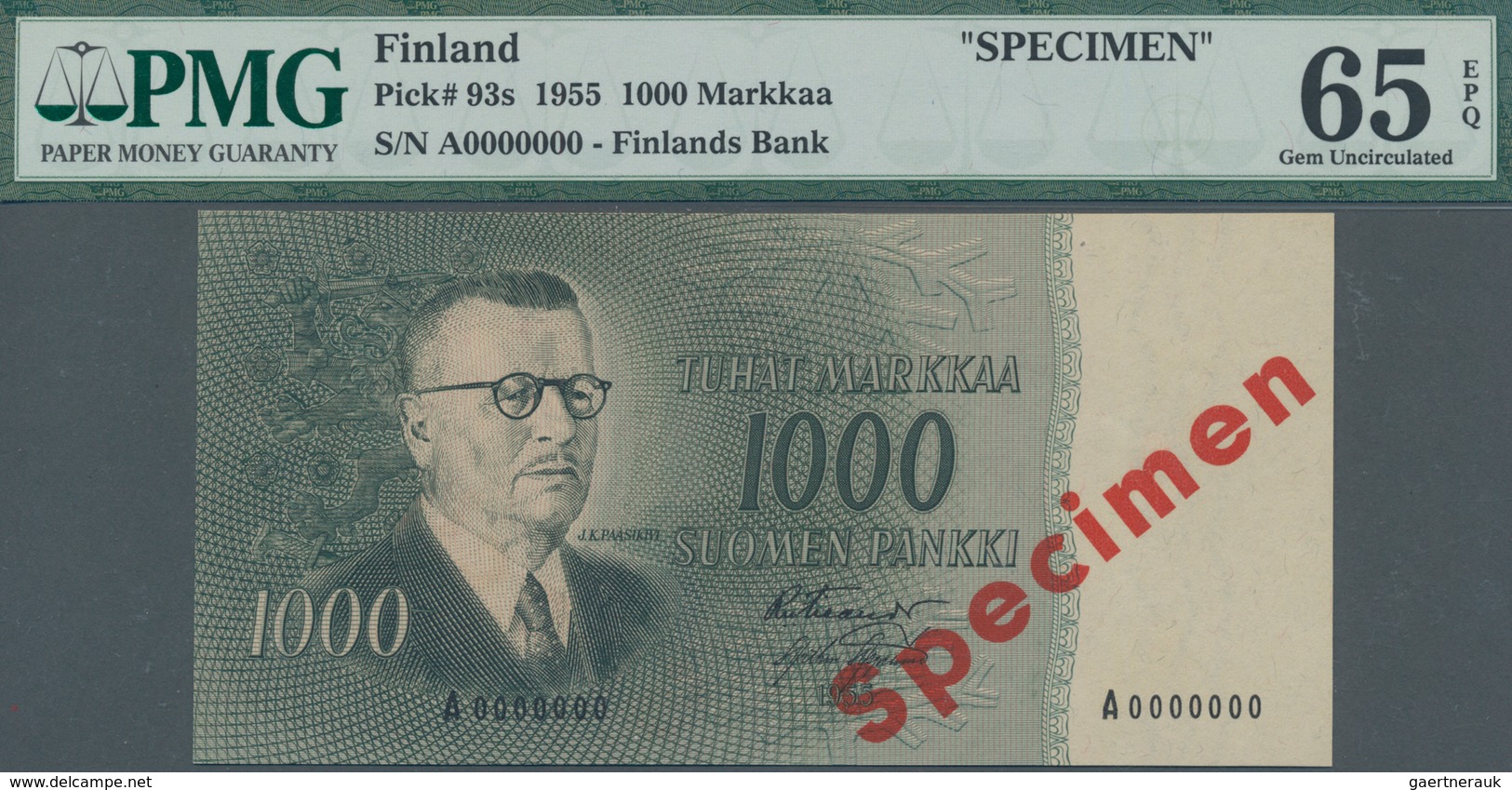 Finland / Finnland: Finlands Bank 1000 Markkaa 1955 SPECIMEN, P.93s With Red Overprint "Specimen" An - Finlande