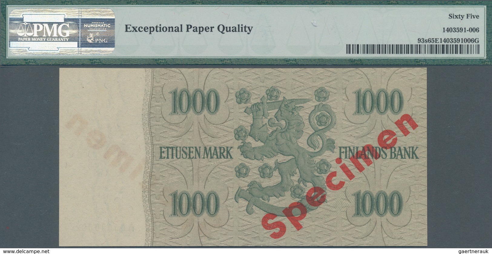 Finland / Finnland: Finlands Bank 1000 Markkaa 1955 SPECIMEN, P.93s With Red Overprint "Specimen" An - Finland