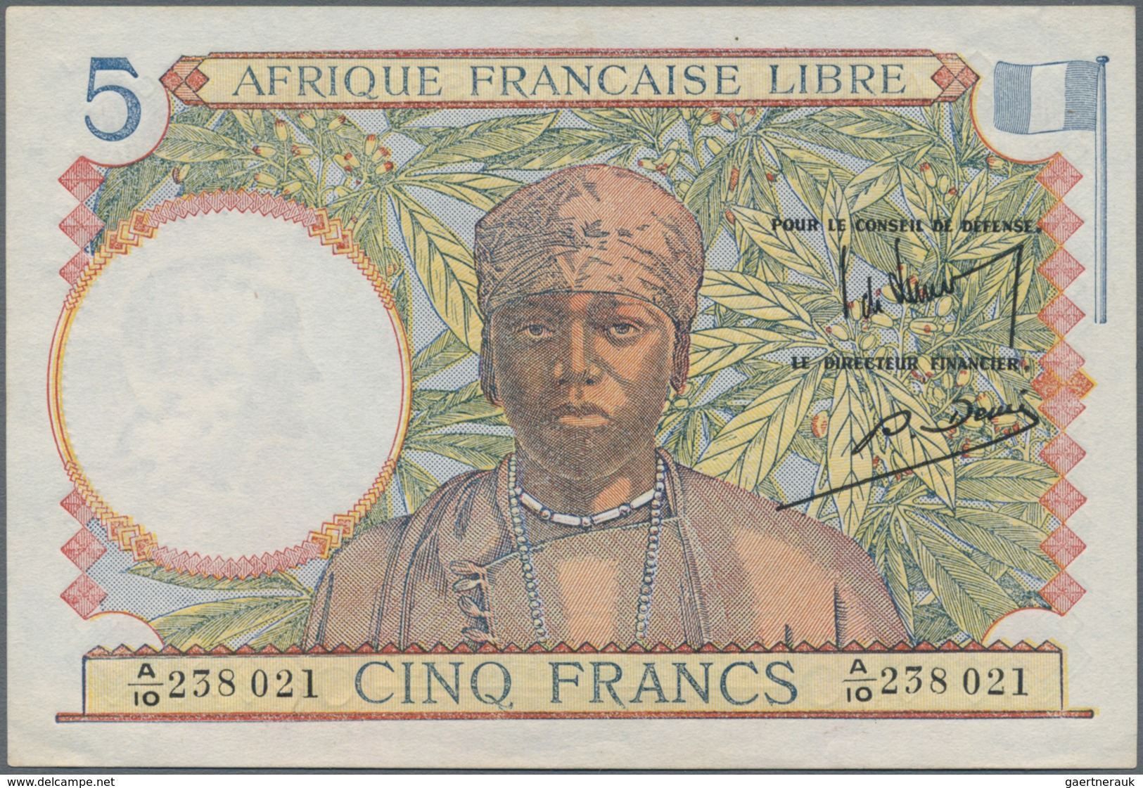 French Equatorial Africa / Französisch-Äquatorialafrika: Afrique Française Libre 5 Francs ND(1941), - Guinée Equatoriale