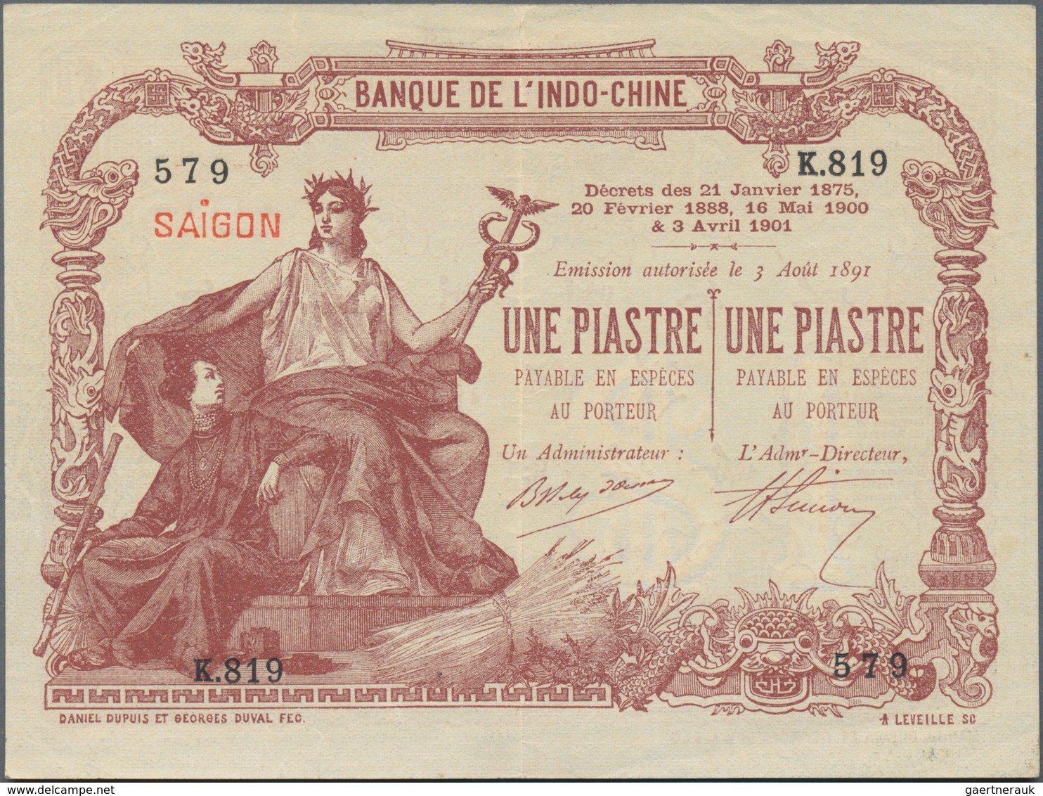 French Indochina / Französisch Indochina: Banque De L'Indo-Chine – Saïgon 1 Piastre D. 21.01.1875 & - Indochine