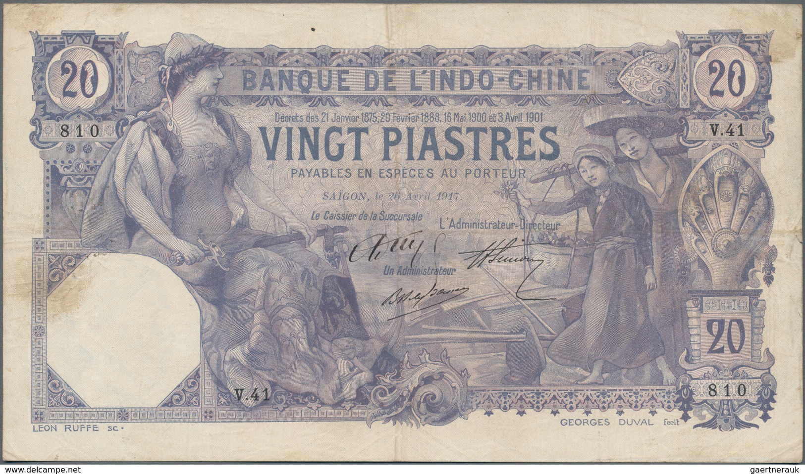 French Indochina / Französisch Indochina: Banque De L'Indo-Chine – Saïgon 20 Piastres 1917 With Sign - Indochine