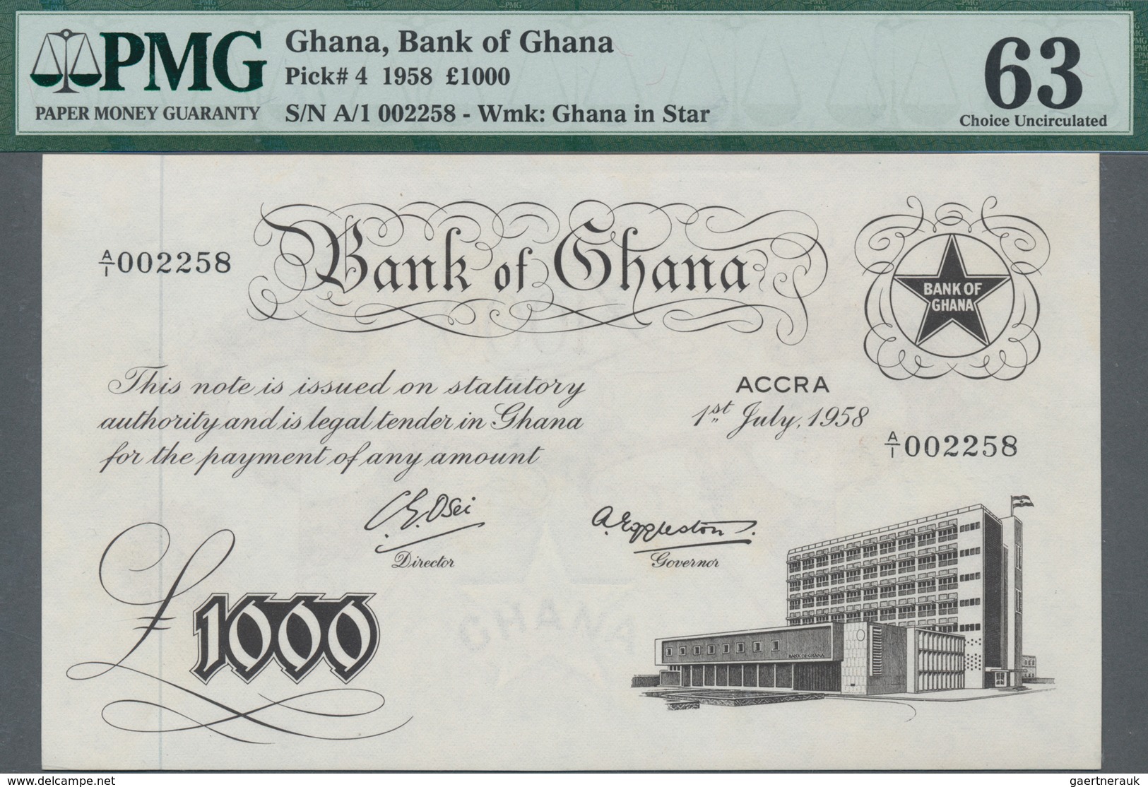 Ghana: Bank Of Ghana 1000 Pounds 1958, P.4 With Very Low Serial Number A/1 002258, Excellent Conditi - Ghana