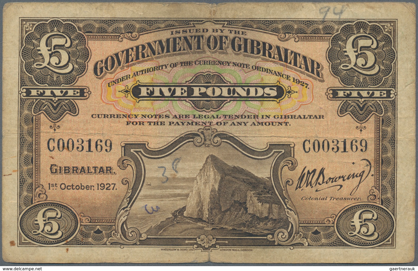 Gibraltar: Highly rare set with 12 banknotes 5 Pounds 1927, P.13, first issue of this note printed b