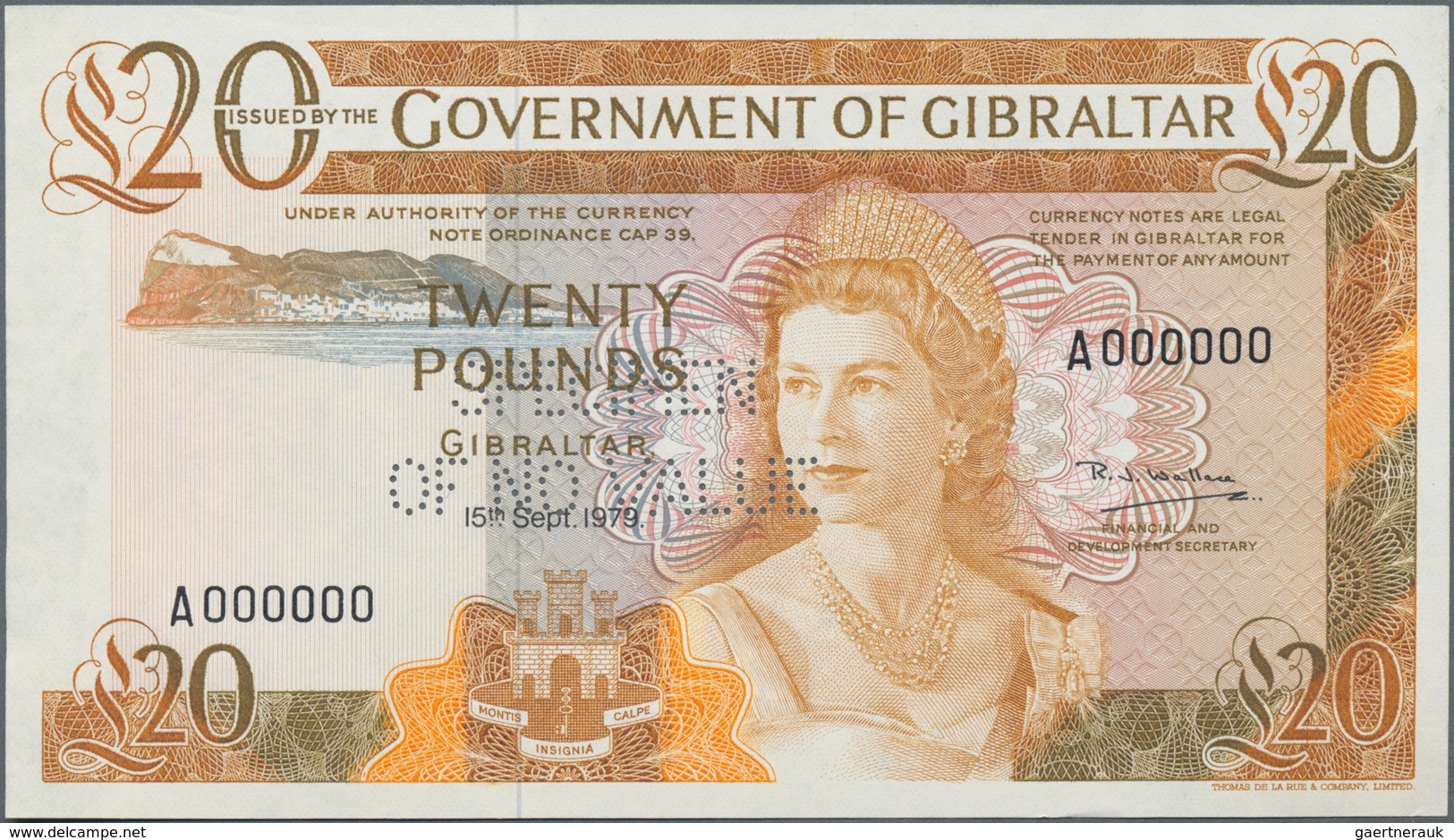 Gibraltar: The Government Of Gibraltar 20 Pounds 1979 SPECIMEN, P.23bs With Perforation "Specimen Of - Gibraltar