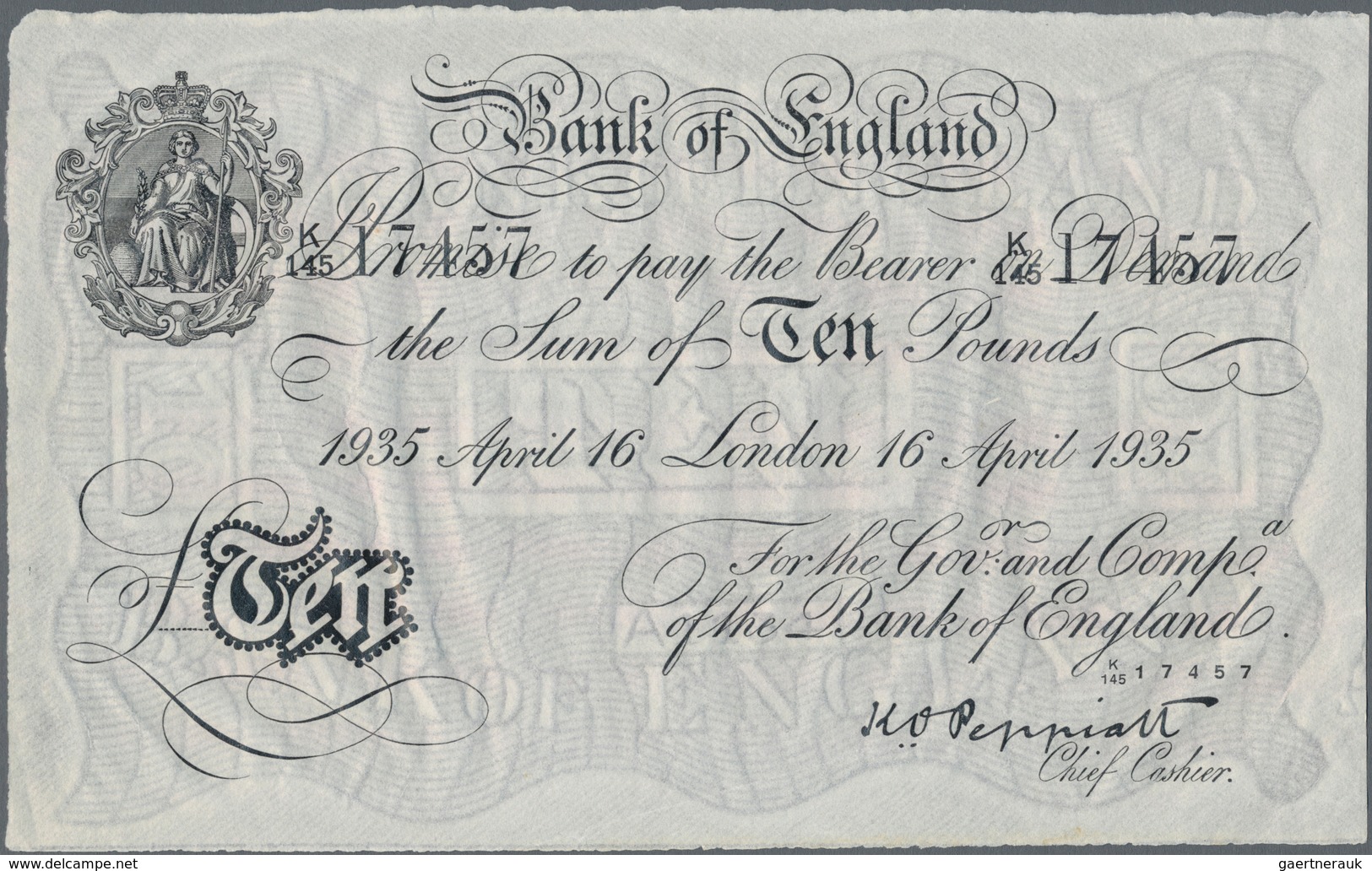 Great Britain / Großbritannien: Bank Of England 10 Pounds 1935, London Branch, Signature: K. O. Pepp - Autres & Non Classés