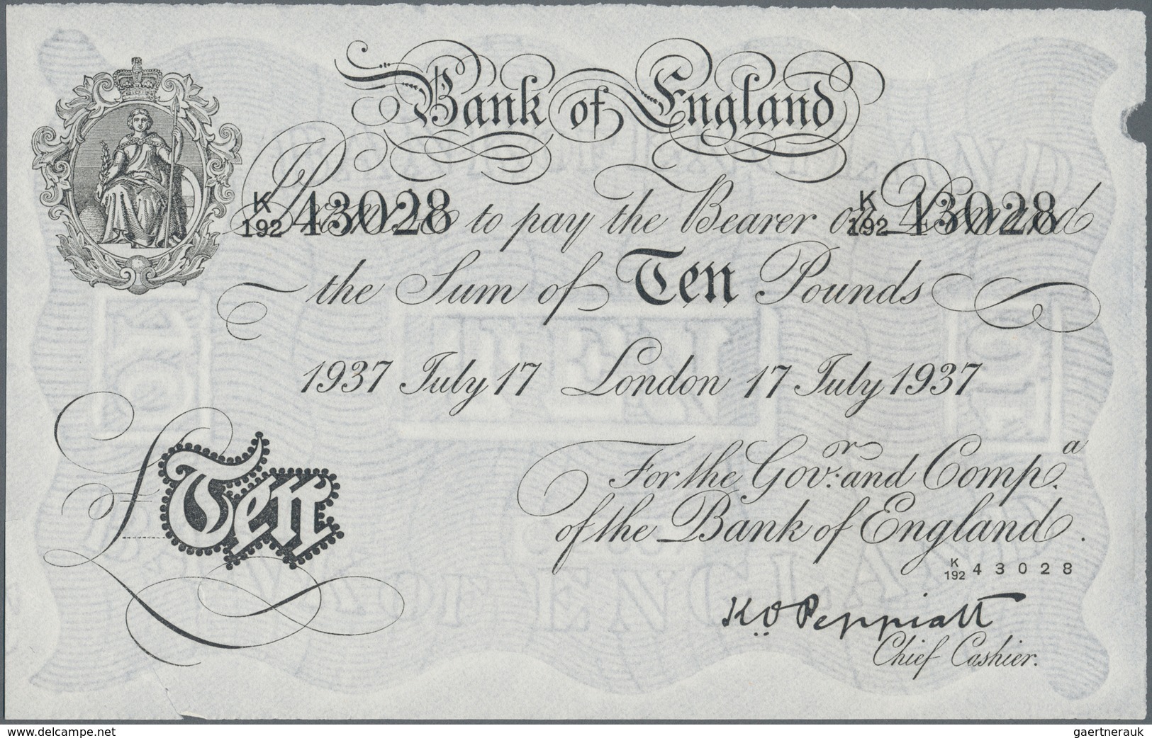 Great Britain / Großbritannien: 10 Pounds 1937 BERNHARD Forgery, Signature: Peppiatt, P.336x In AUNC - Sonstige & Ohne Zuordnung