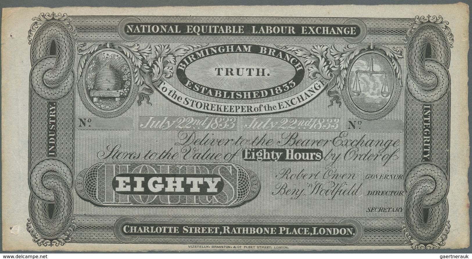 Great Britain / Großbritannien: 80 Hours 1833 Remainder Note Of The National Equitable Labour Exchan - Sonstige & Ohne Zuordnung