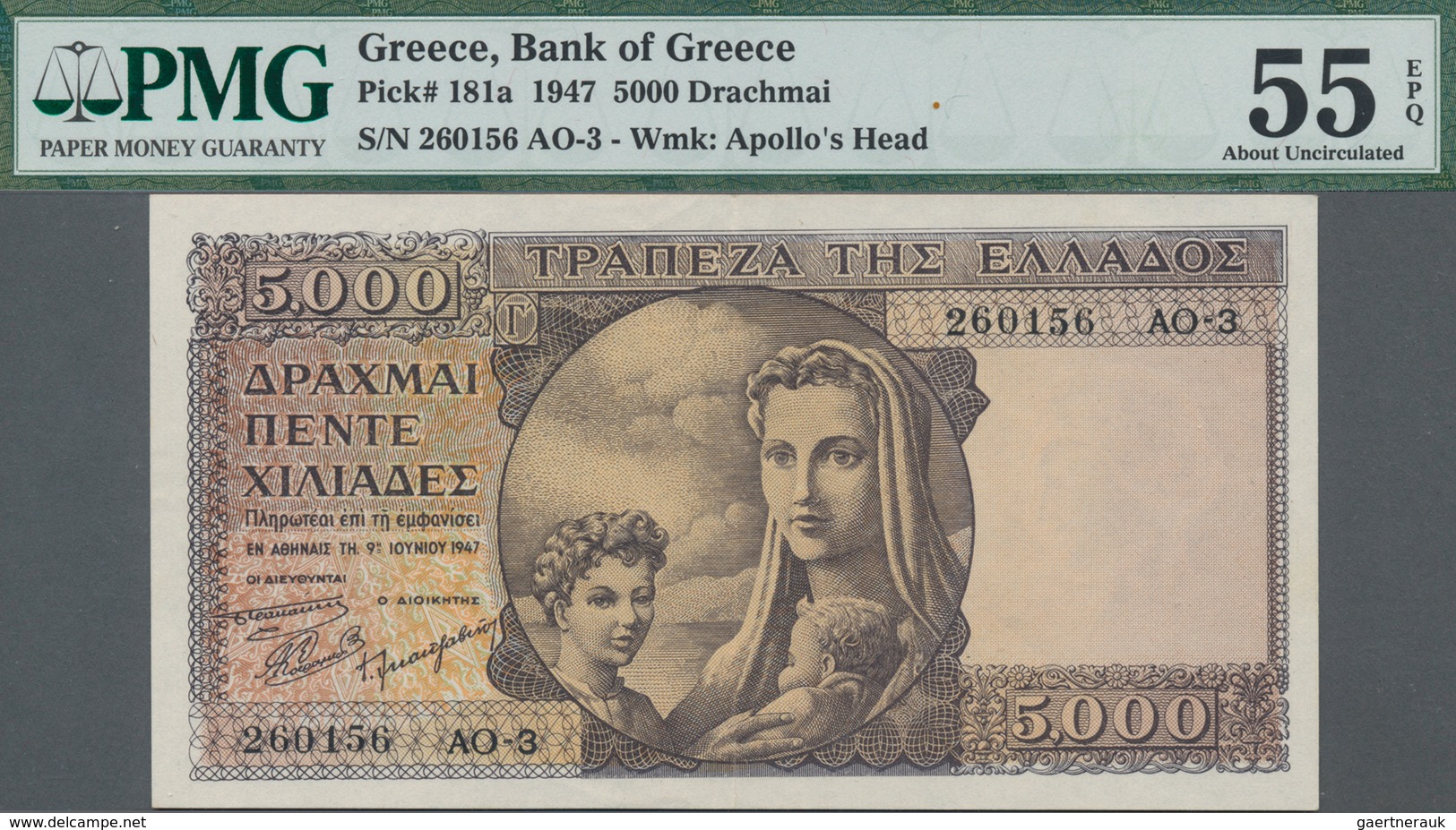 Greece / Griechenland: Bank Of Greece 5000 Drachmai 1947, P.181, Almost Perfect Condition And PMG Gr - Grèce