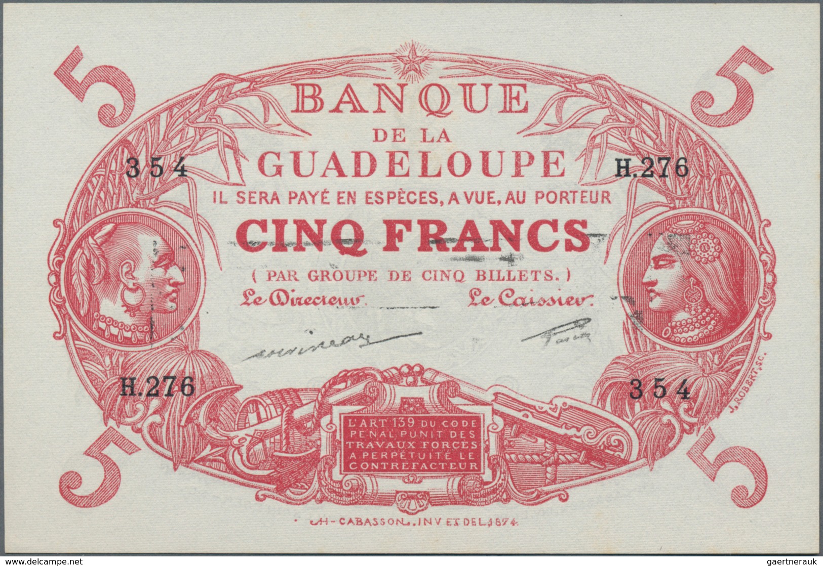 Guadeloupe: Banque De La Guadeloupe Consecutive Pair Of 5 Francs With Serial Numbers H.276 353 And H - Other - America