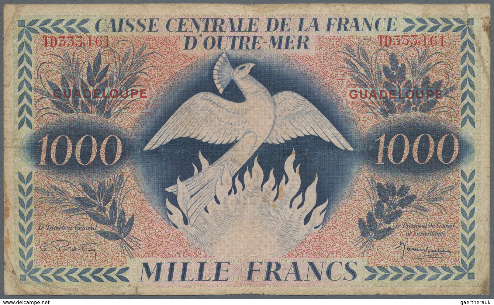 Guadeloupe: Caisse Centrale De La France D'Outre-Mer 1000 Francs 1944 With Watermark, P.30b, Extraor - Autres - Amérique