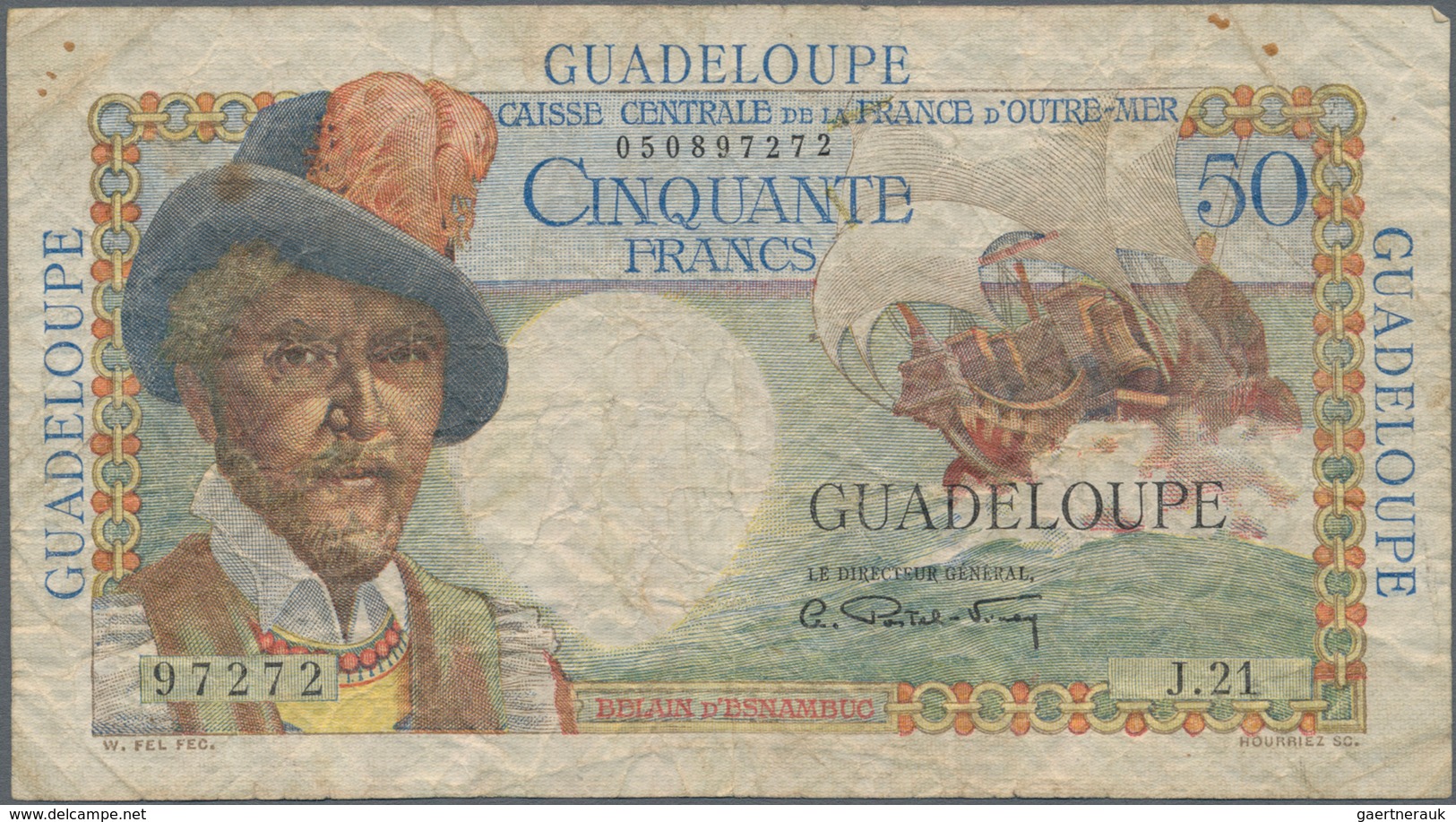 Guadeloupe: Caisse Centrale De La France D'Outre-Mer 50 Francs ND(1947-49), P.34, Rusty Spots And Ti - Autres - Amérique