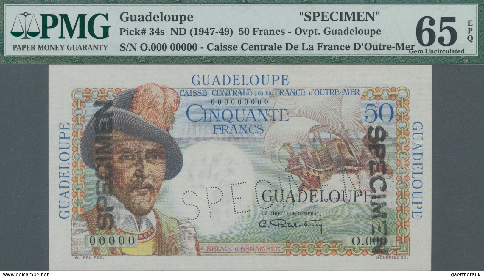 Guadeloupe: Caisse Centrale De La France D'Outre-Mer - Guadeloupe 50 Francs ND(1947-49) SPECIMEN, P. - Autres - Amérique