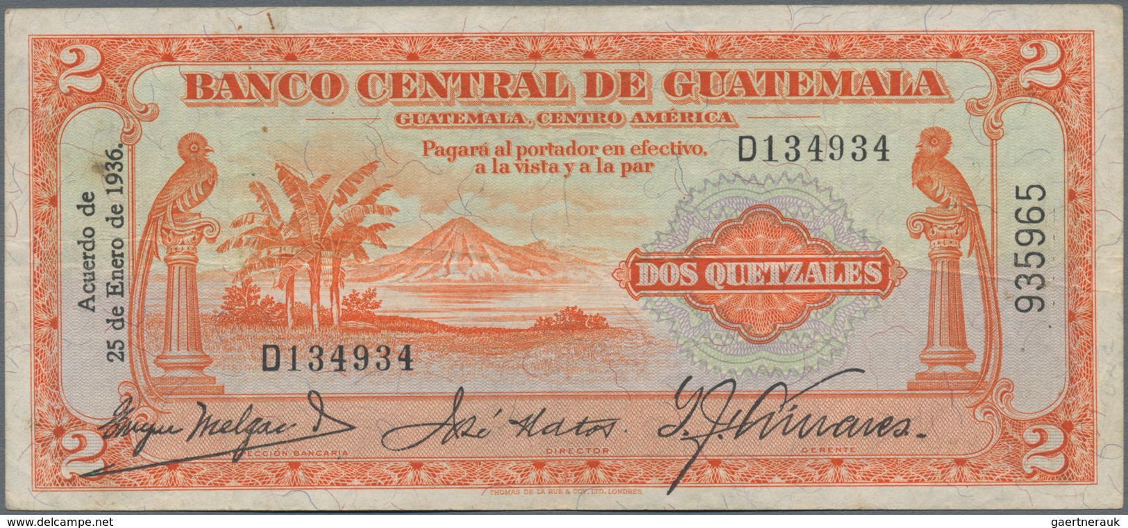 Guatemala: Banco Central De Guatemala 2 Quetzales 1936, Printed By Thomas De La Rue, P.18A, Highly R - Guatemala