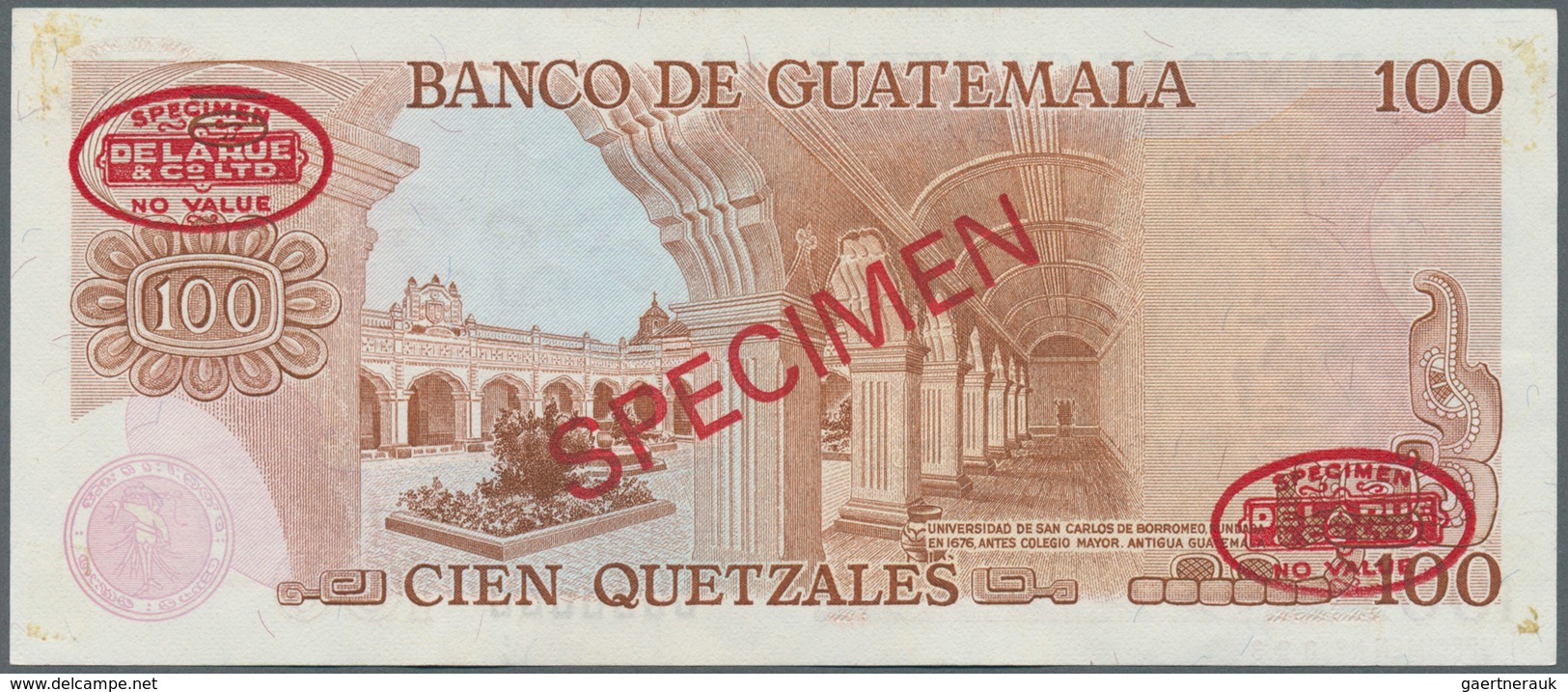 Guatemala: Banco De Guatemala 100 Quetzales 1972-83 TDLR Specimen, P.64s, Traces Of Glue On Back, Ot - Guatemala