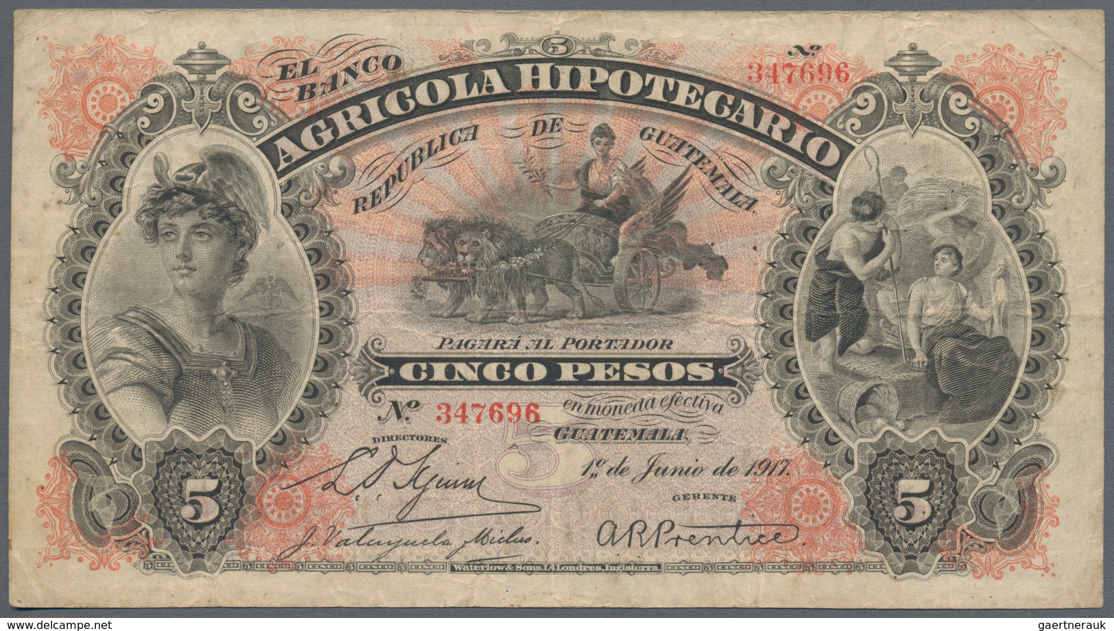 Guatemala: Banco Agrícola Hipotecario 5 Pesos 1917, P.S102c, Still Nice With Several Folds And Creas - Guatemala