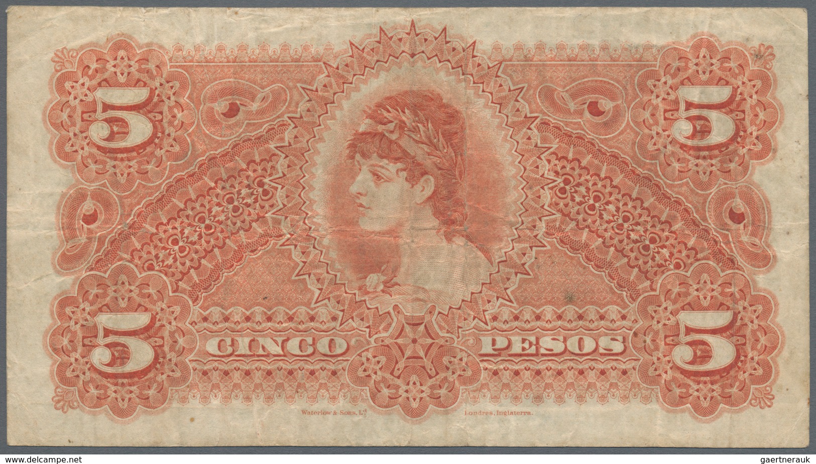 Guatemala: Banco Agrícola Hipotecario 5 Pesos 1917, P.S102c, Still Nice With Several Folds And Creas - Guatemala