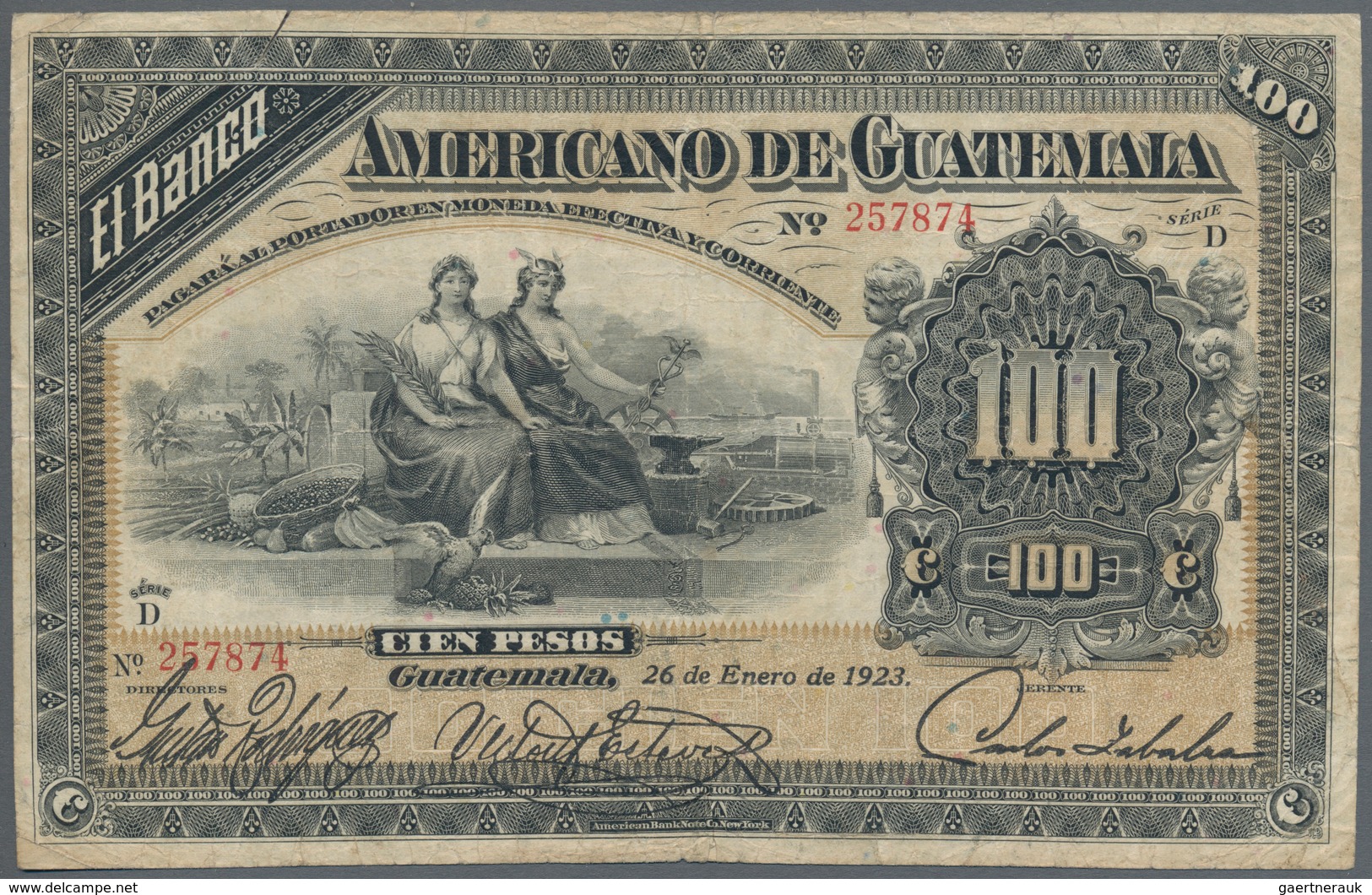 Guatemala: El Banco Americano De Guatemala 100 Pesos 1923, P.114a, Still Great Condition For This La - Guatemala