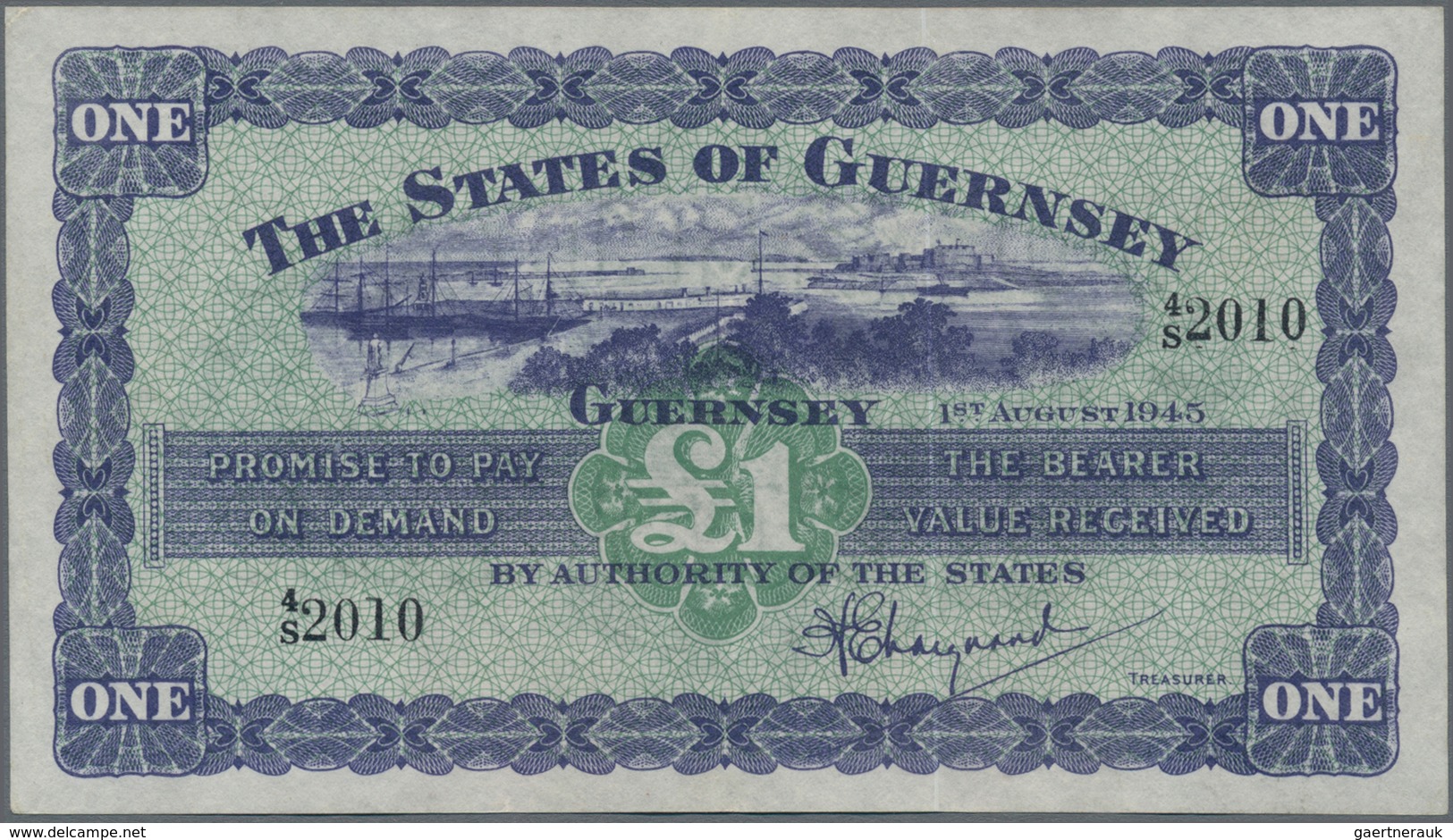 Guernsey: Treasurer Of The States Of Guernsey 1 Pound 1945, P.43a, Very Nice Condition With Bright C - Autres & Non Classés