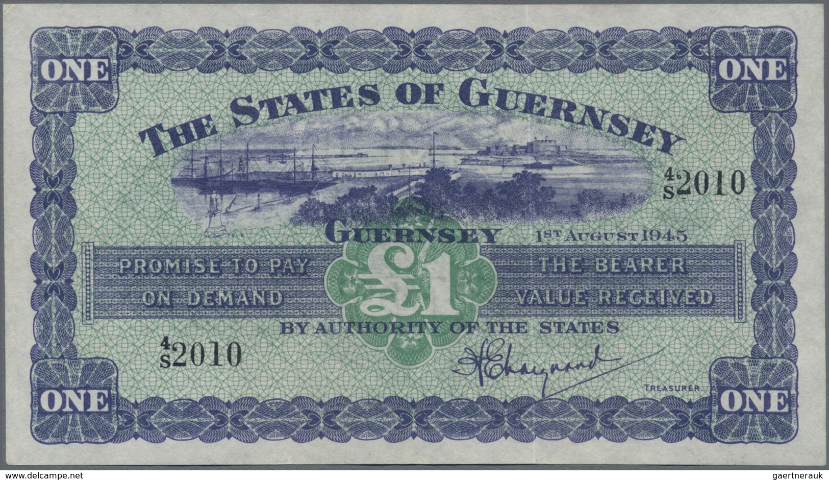 Guernsey: Treasurer Of The States Of Guernsey 1 Pound 1945, P.43a, Very Nice Condition With Bright C - Andere & Zonder Classificatie