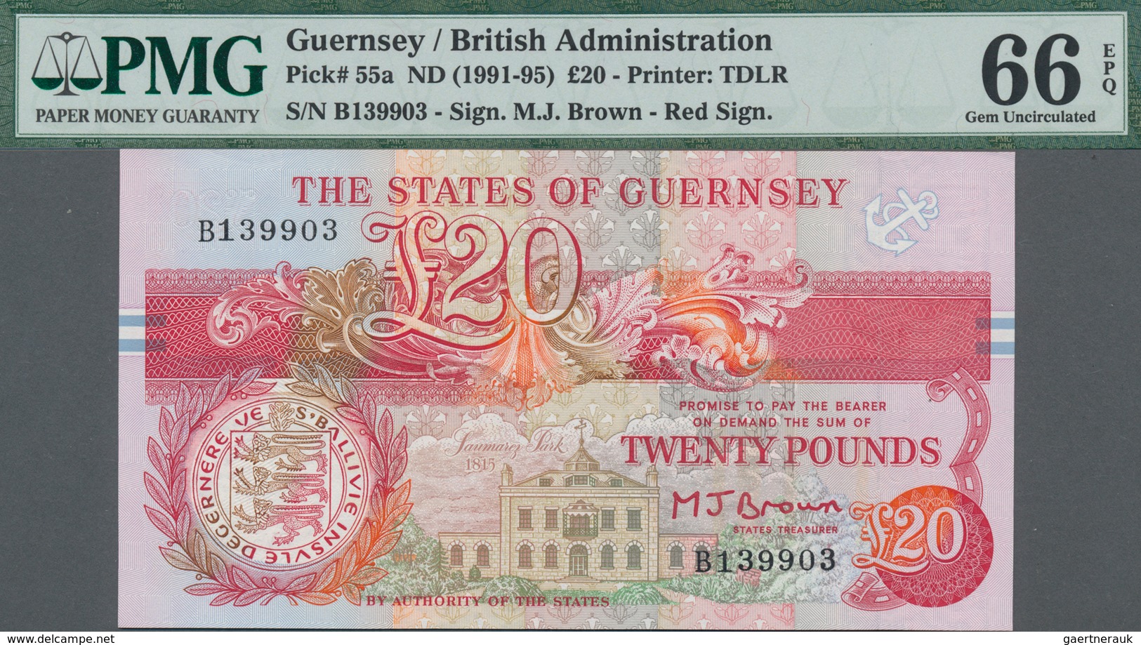 Guernsey: The States Of Guernsey 20 Pounds ND(1991-95) With Red Signature M.J. Brown, P.55a, Great P - Sonstige & Ohne Zuordnung