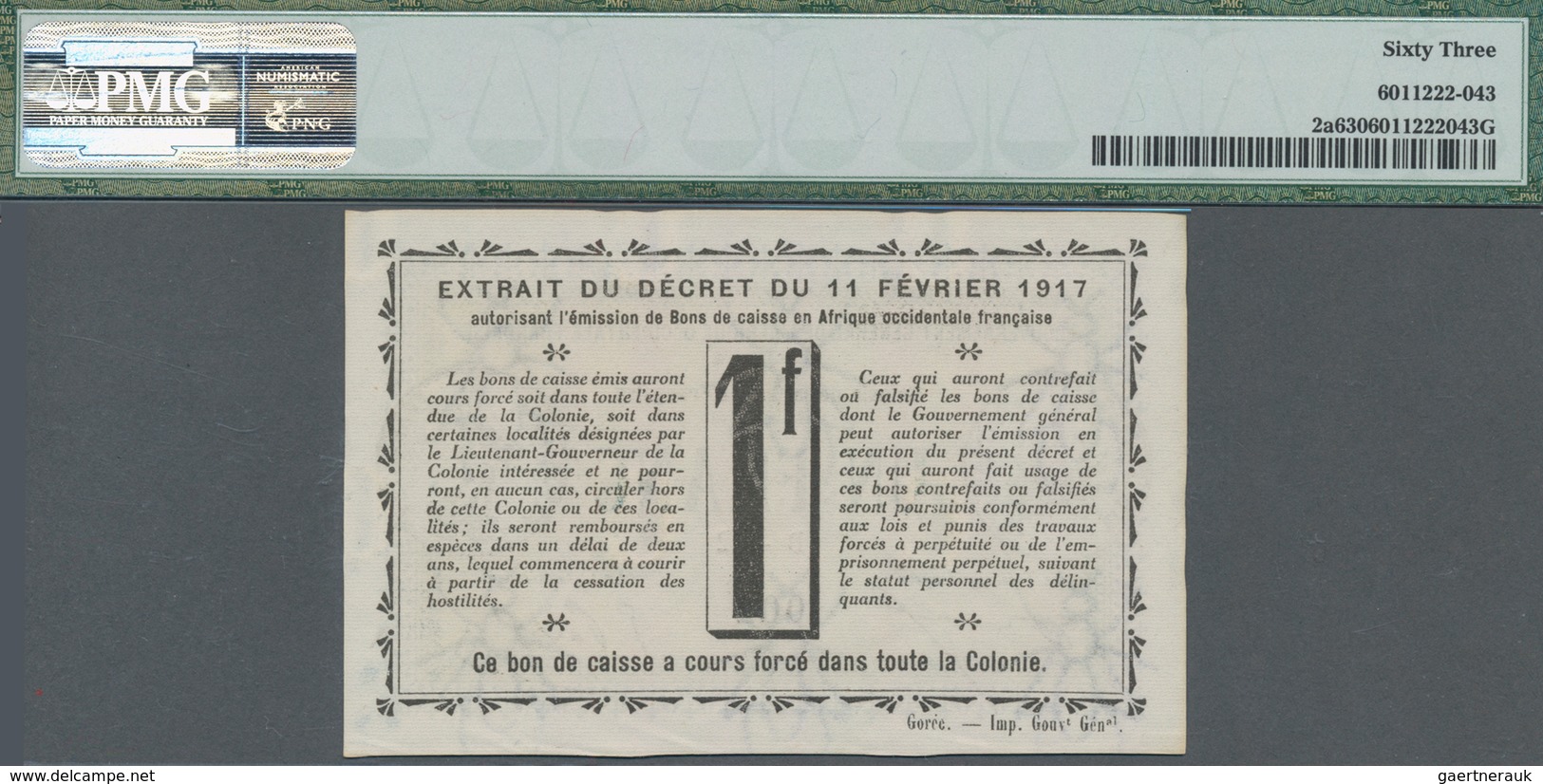 Guinea: Gouvernement Général De L'Afrique Occidentale Française - Colonie De La Guinée Française 1 F - Guinée