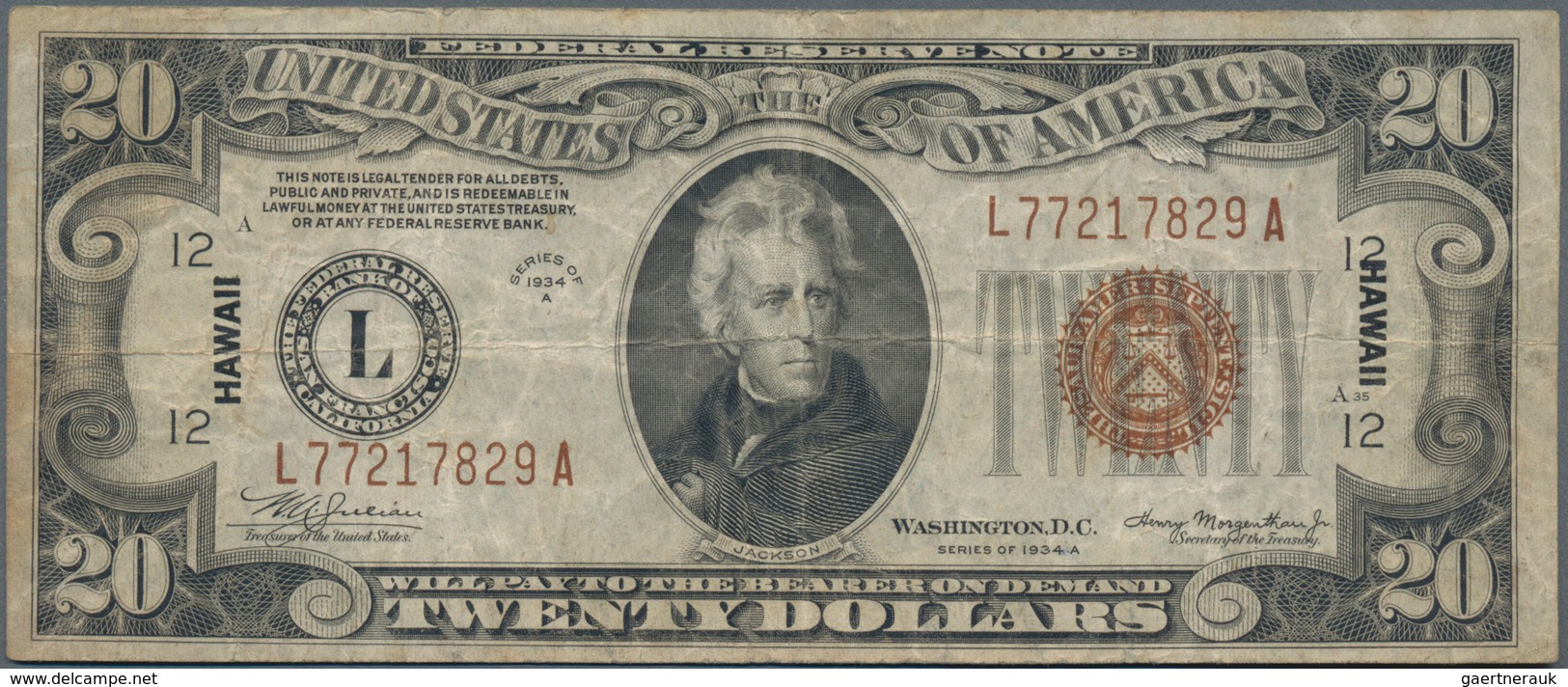 Hawaii: Federal Reserve Bank - L (San Francisco Branch), 20 Dollars Series 1934A With Overprint "HAW - Andere - Amerika