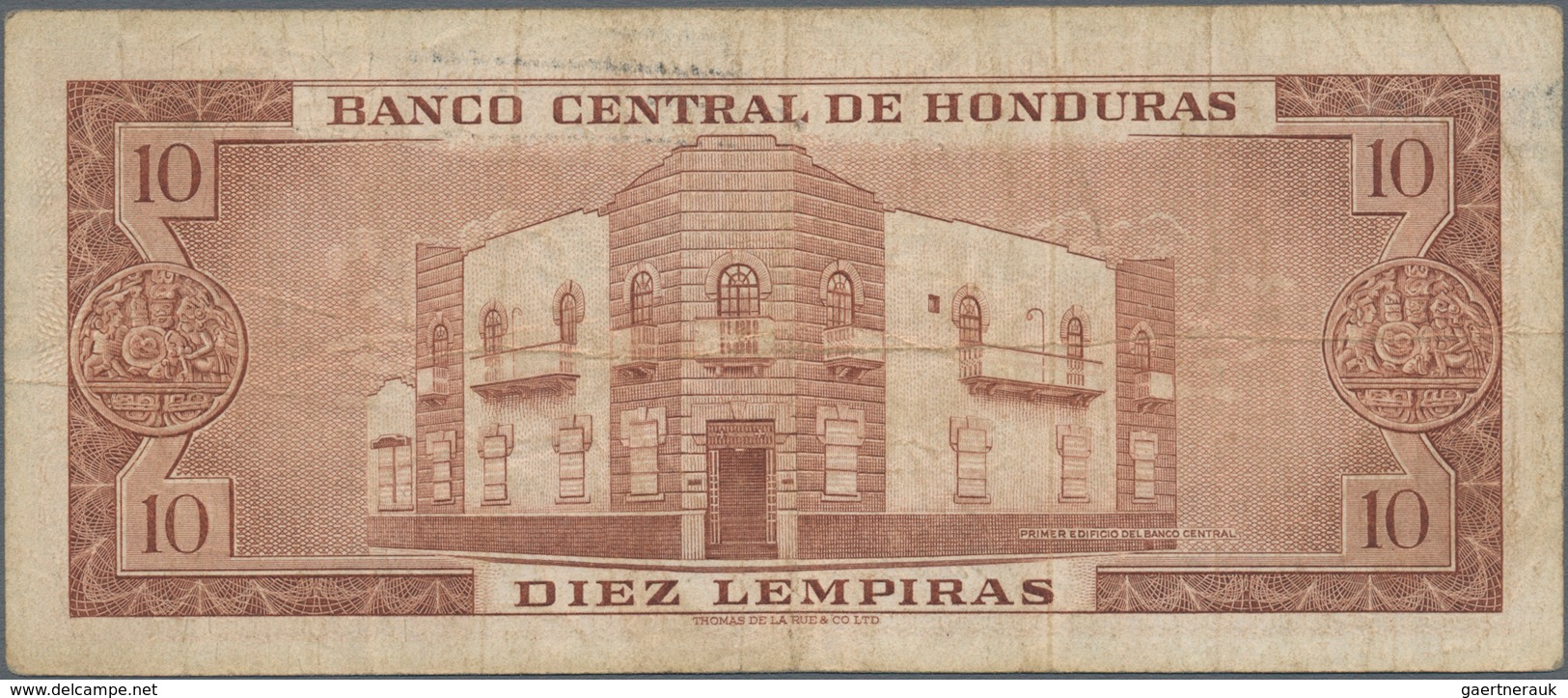 Honduras: El Banco Central De Honduras 10 Lempiras 1965, P.52b, Still Nice With A Few Folds, Tiny Pi - Honduras