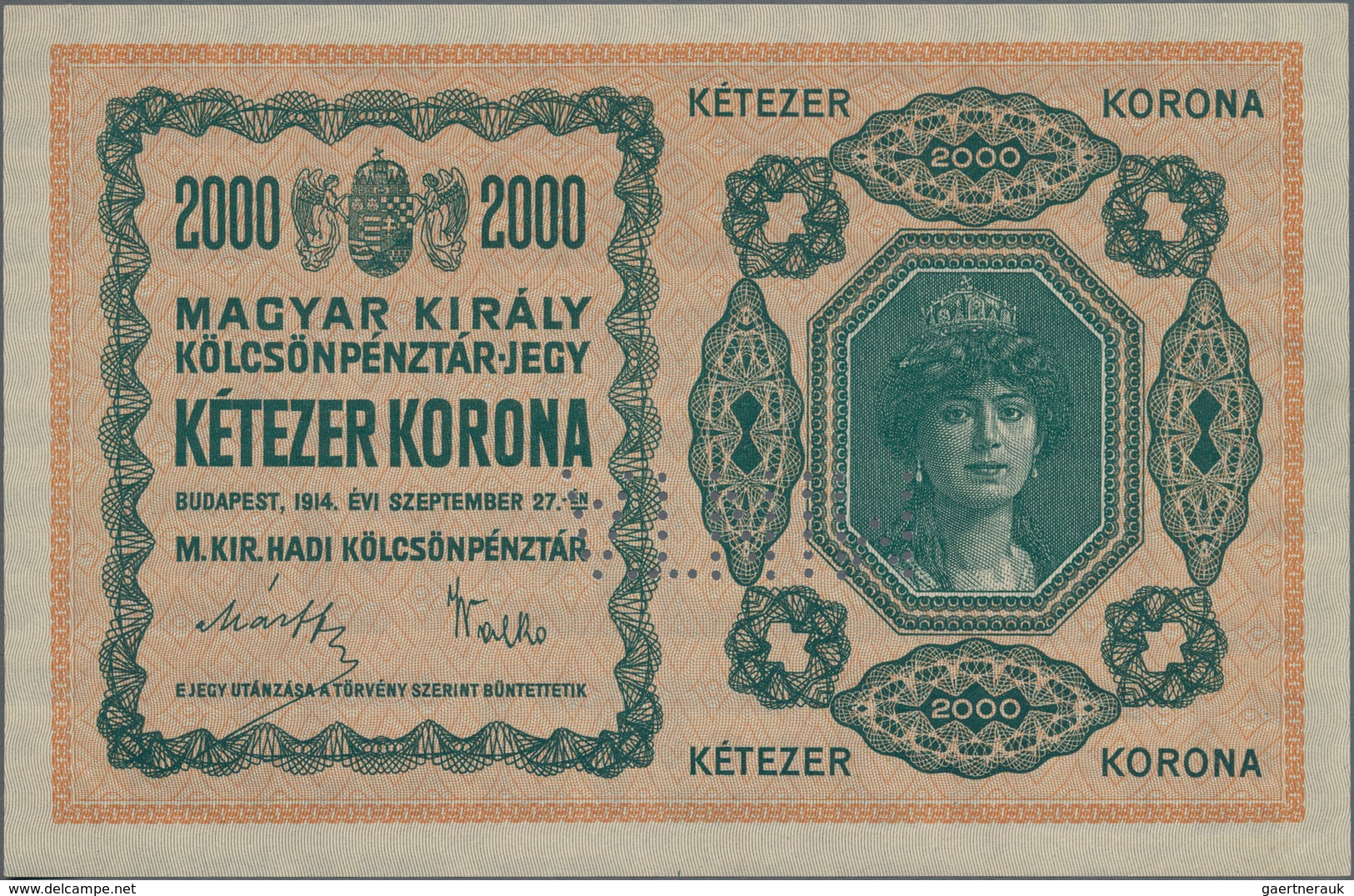 Hungary / Ungarn: Royal Hungarian War Loan Bank 2000 Korona 1914 SPECIMEN, P.2s With Perforation "MI - Hongrie