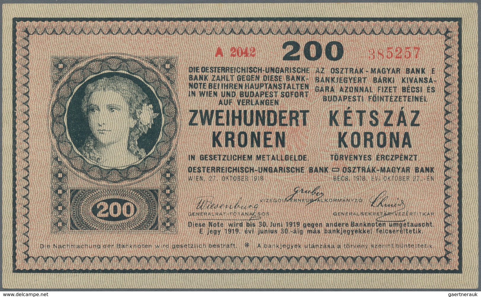 Hungary / Ungarn: 200 Kronen 1918 Österreichisch-Ungarische Bank, P.16, Series A2042 With Wavy Lines - Hongrie