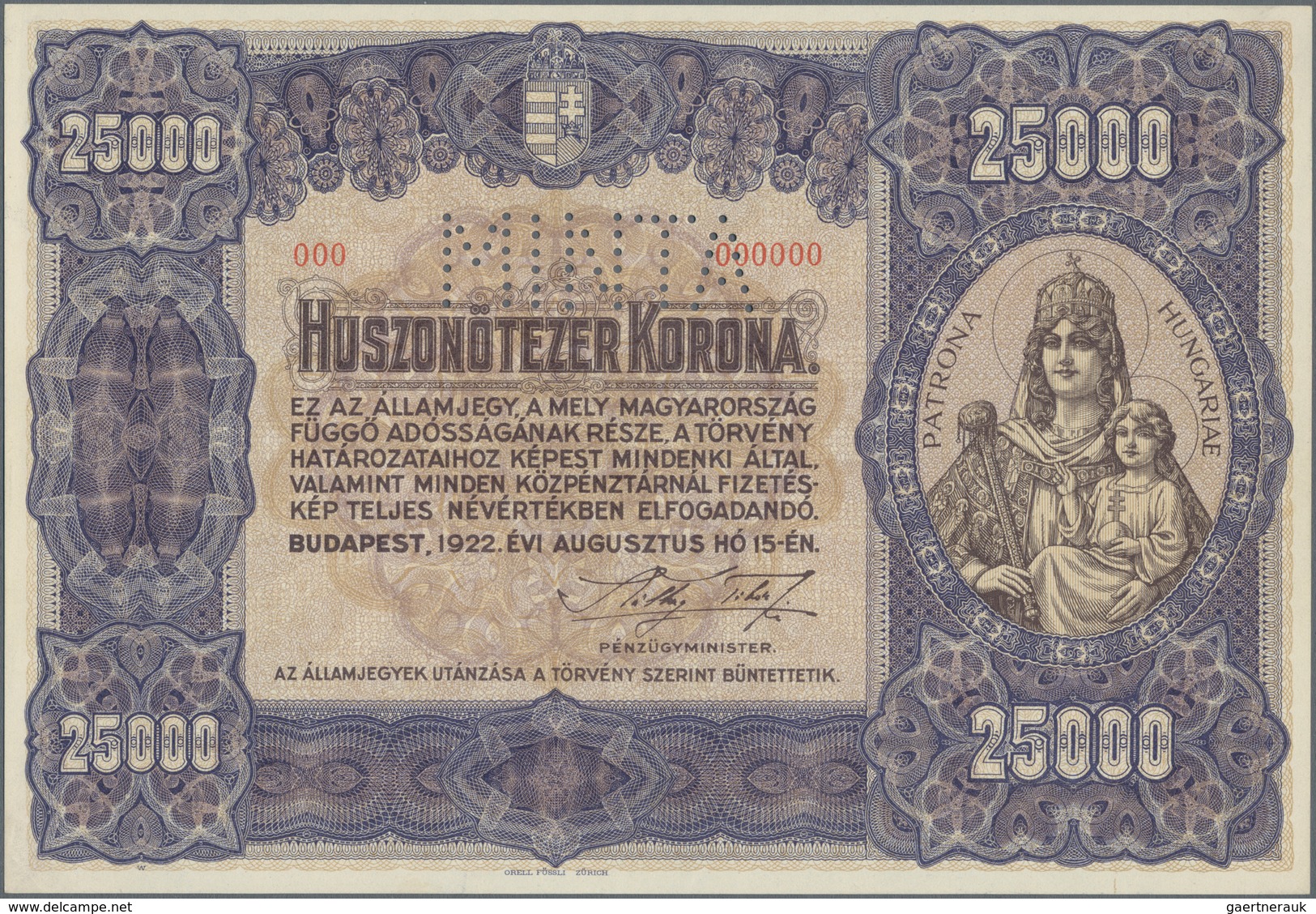 Hungary / Ungarn: Ministry Of Finance 25.000 Korona 1922 SPECIMEN, P.69s With Perforation "MINTA" At - Ungarn