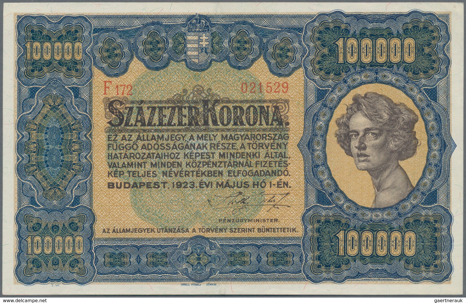 Hungary / Ungarn: Ministry Of Finance 100.000 Korona 1923, P.72a, Very Popular Banknote In Great Con - Hongrie