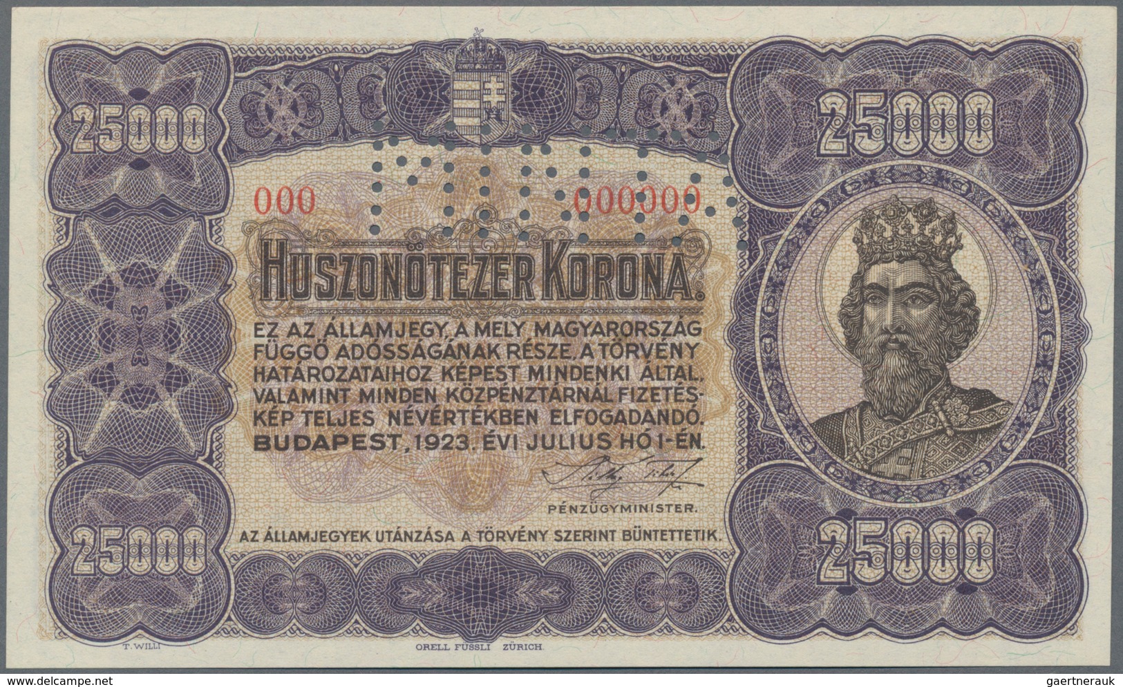 Hungary / Ungarn: Ministry Of Finance 25.000 Korona 1923 SPECIMEN, P.78s With Perforation "MINTA" At - Hongrie