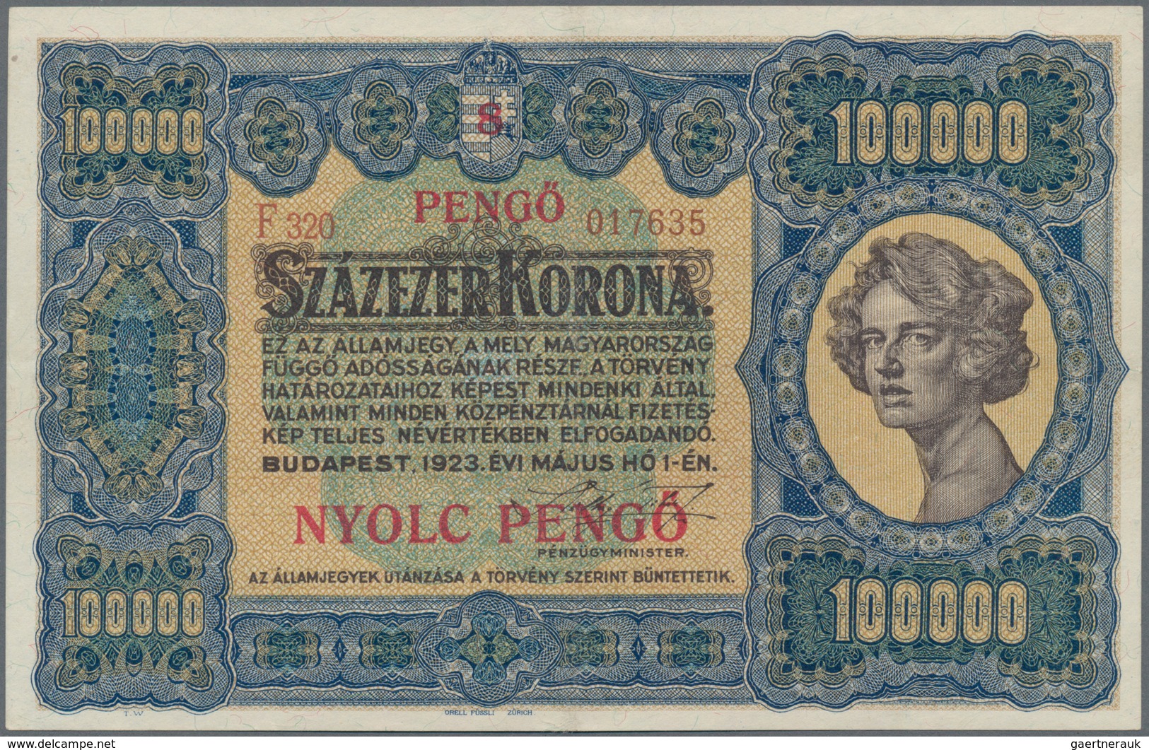 Hungary / Ungarn: Ministry Of Finance 8 Pengö Overprint On 100.000 Korona ND(1925), P.86a, Excellent - Hongrie