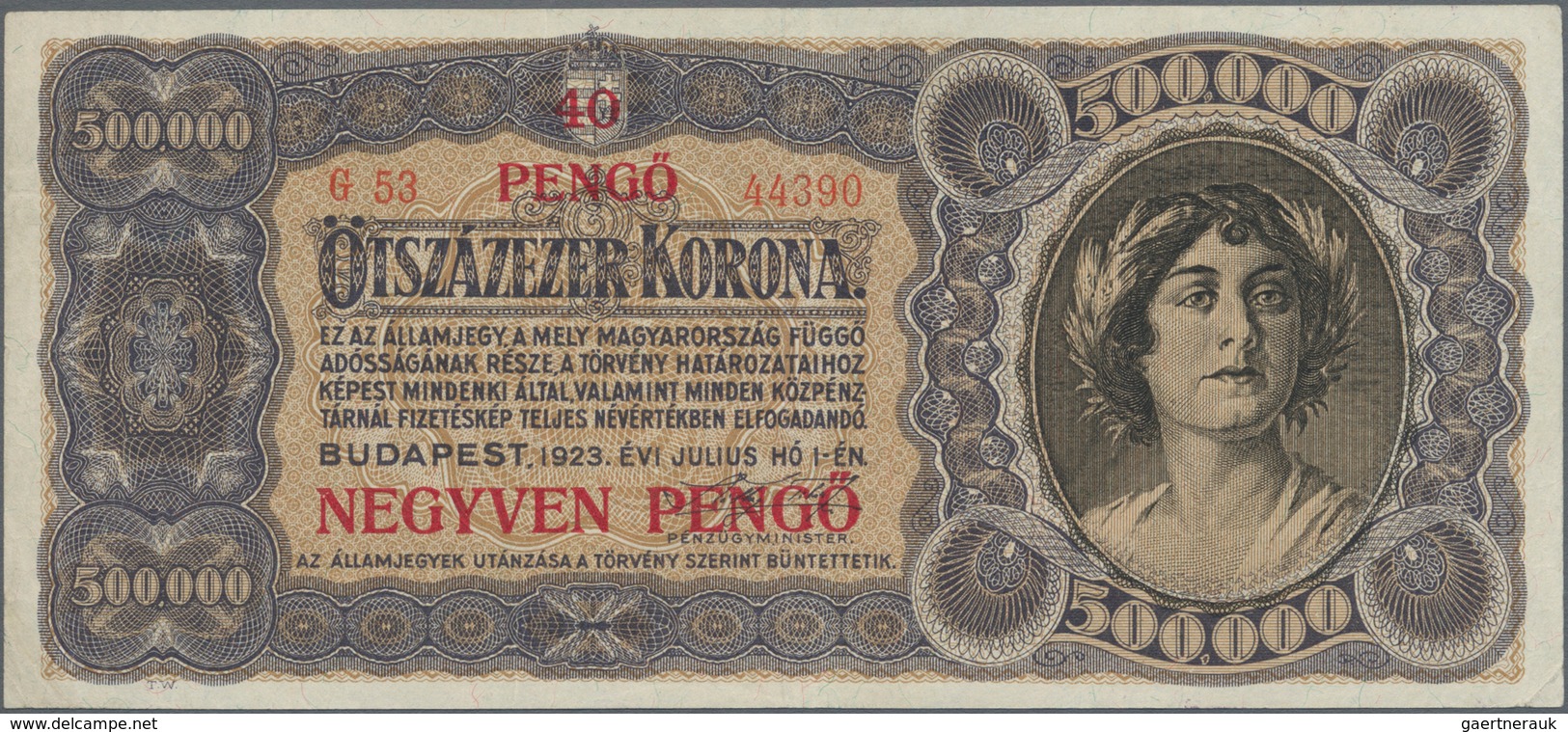 Hungary / Ungarn: Ministry Of Finance 40 Pengö Overprint On 500.000 Korona ND(1925), P.87b, Second H - Ungarn