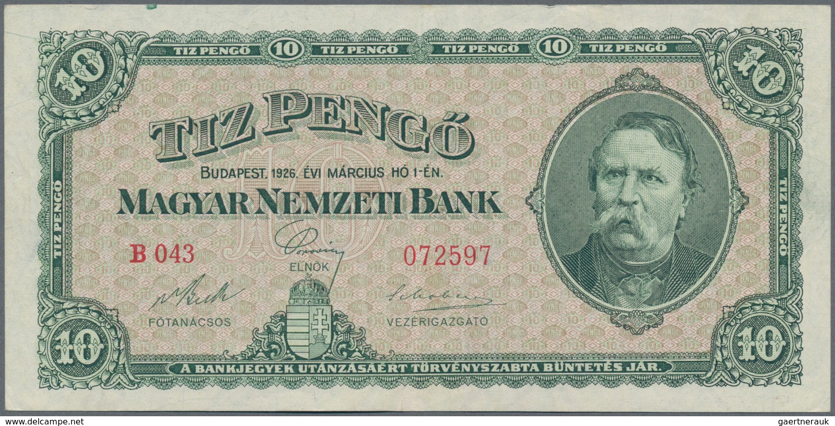 Hungary / Ungarn: Magyar Nemzeti Bank 10 Pengö 1926, P.90, Very Nice With Stronger Vertical Fold At - Hongrie