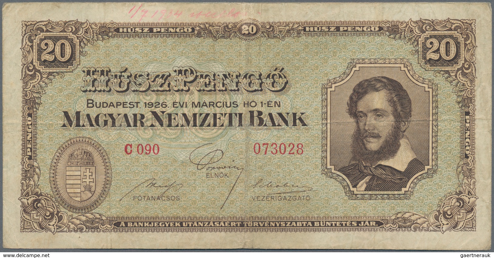 Hungary / Ungarn: Magyar Nemzeti Bank 20 Pengö 1926, P.91, Very Popular Banknote In Still Nice Condi - Hongrie