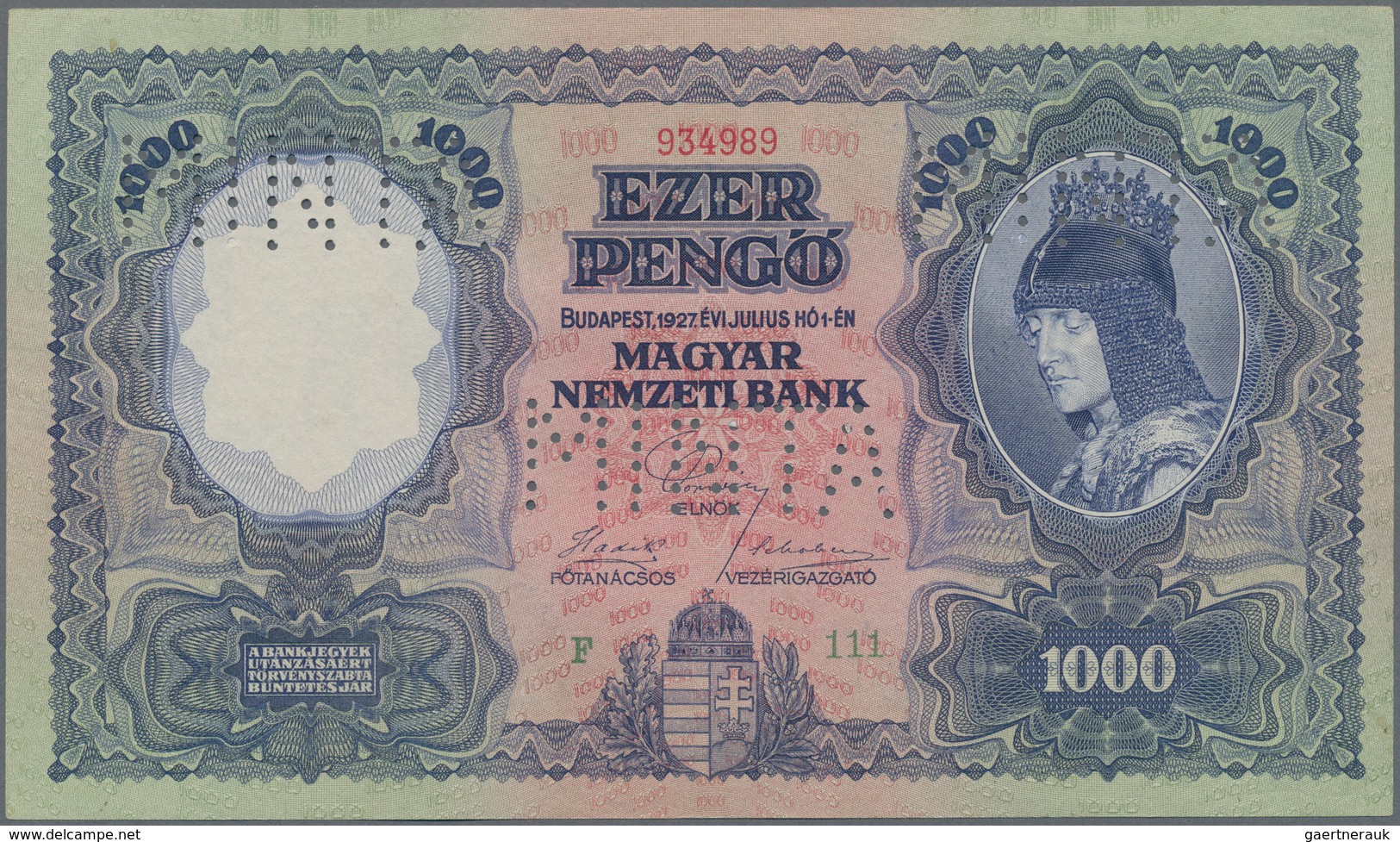 Hungary / Ungarn: Magyar Nemzeti Bank 1000 Pengö 1927 SPECIMEN, P.94s, Three Times Perforated "MINTA - Hongrie