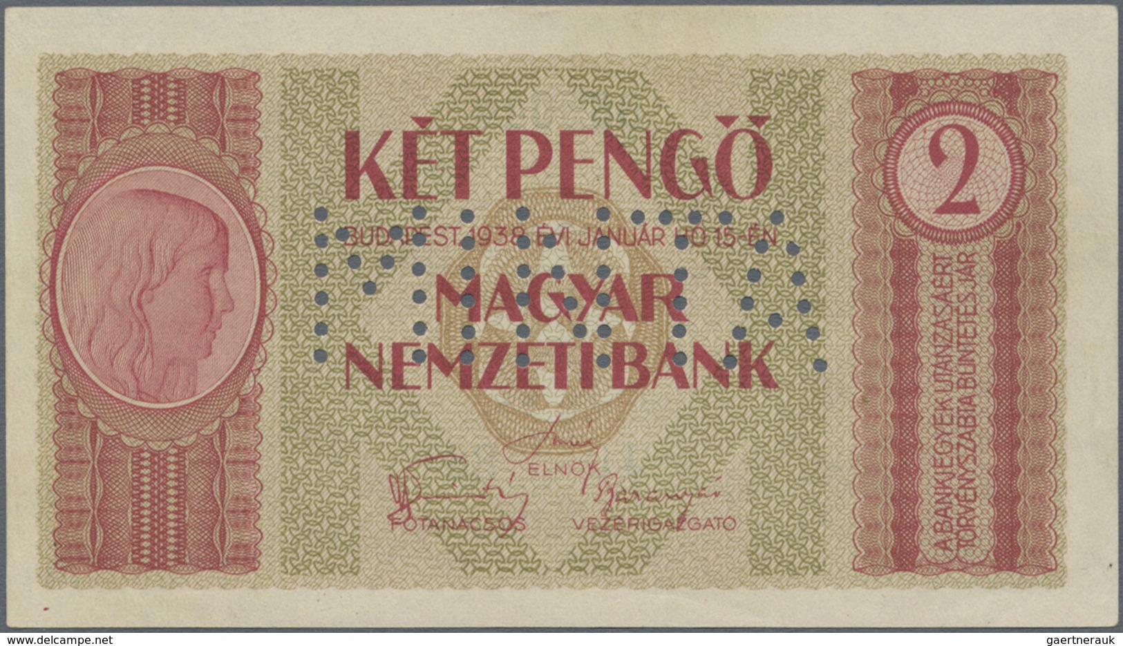 Hungary / Ungarn: Magyar Nemzeti Bank 2 Pengö 1938 SPECIMEN, P.103s With Perforation "MINTA" And Ser - Ungarn