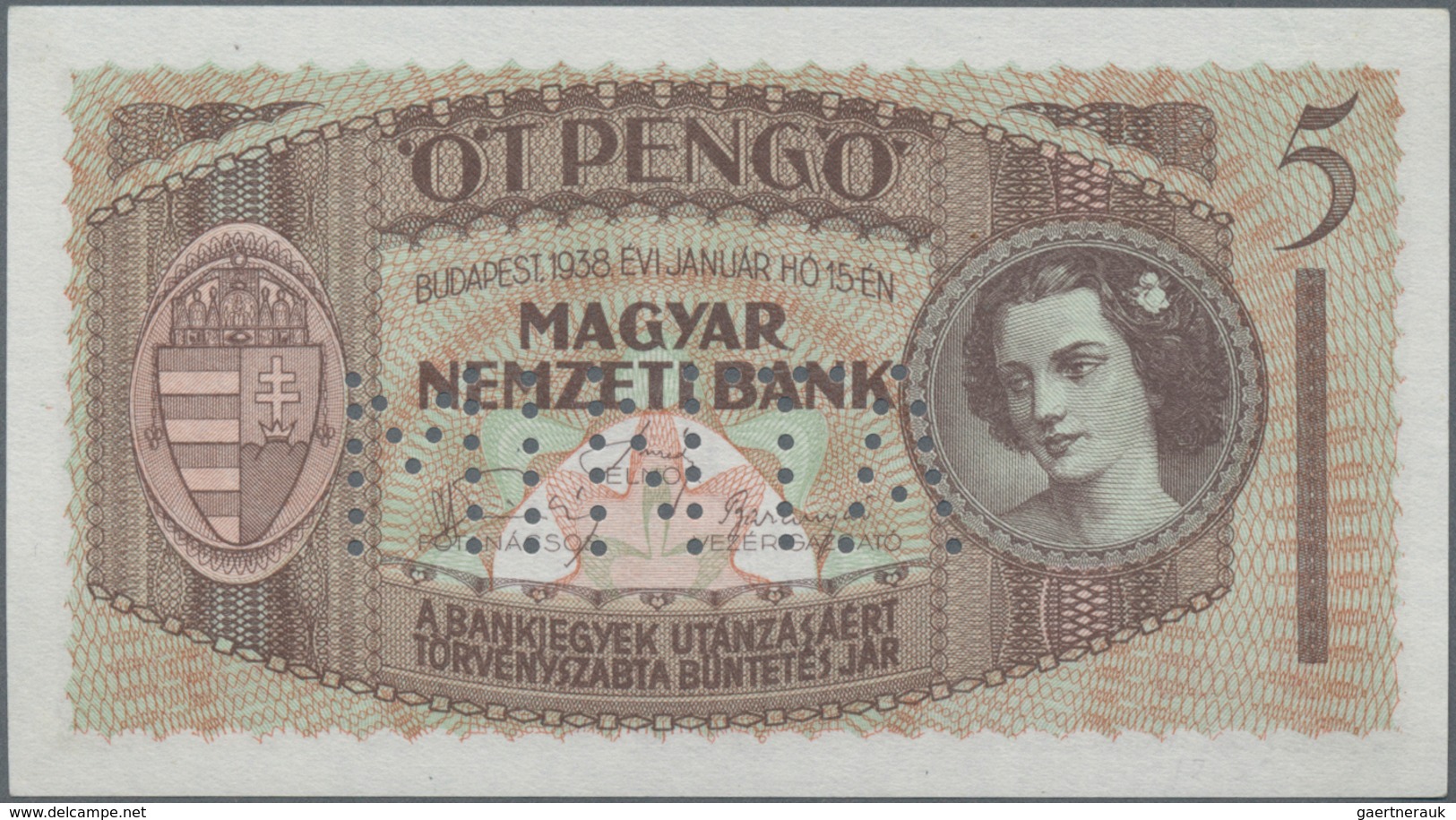 Hungary / Ungarn: Magyar Nemzeti Bank 5 Pengö 1938 SPECIMEN, P.104s With Perforation "Minta" And Red - Ungarn