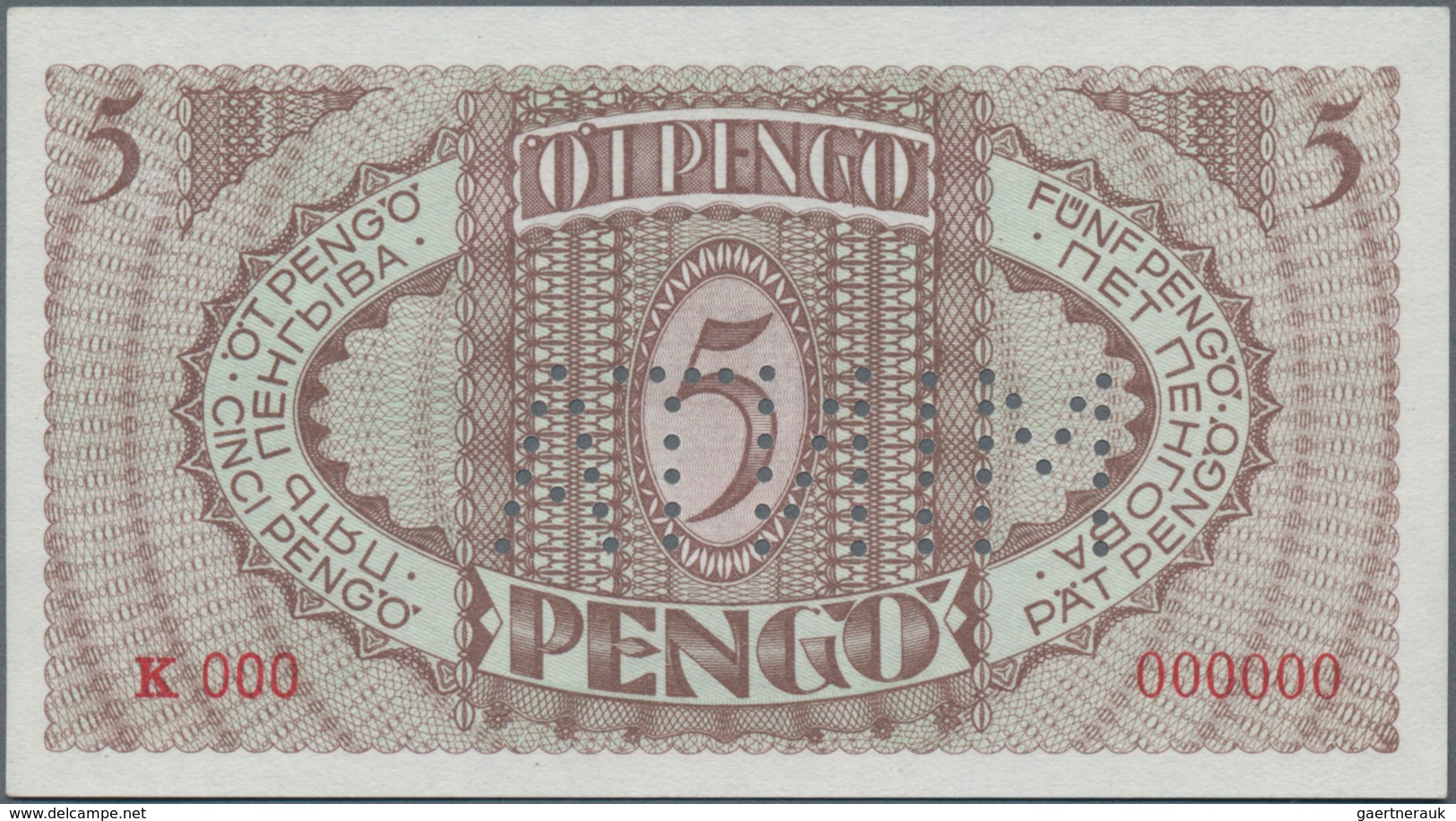 Hungary / Ungarn: Magyar Nemzeti Bank 5 Pengö 1938 SPECIMEN, P.104s With Perforation "Minta" And Red - Hongrie