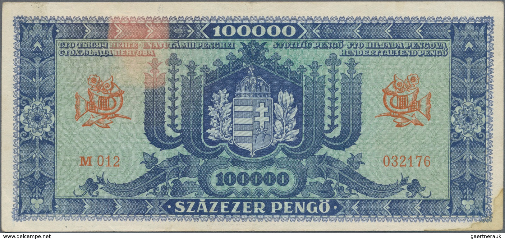 Hungary / Ungarn: 100.000 Pengö 1945 With Adhesive Stamp At Upper Center, P.120b, Stained At Lower L - Ungarn