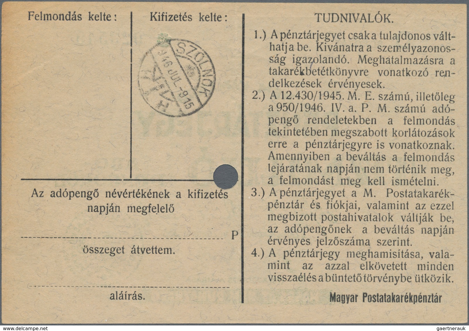 Hungary / Ungarn: Hungarian Post Office Savings Bank high value lot with 9 banknotes of the 1946 Ado