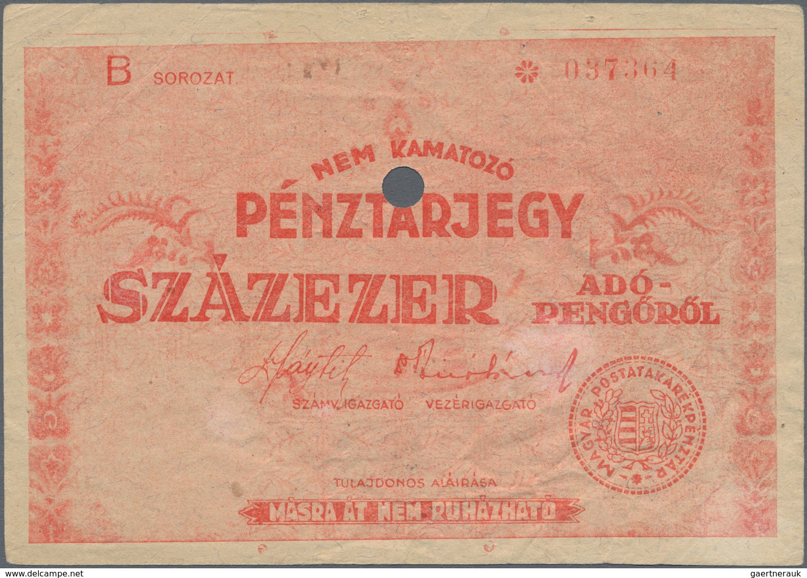 Hungary / Ungarn: Hungarian Post Office Savings Bank high value lot with 9 banknotes of the 1946 Ado