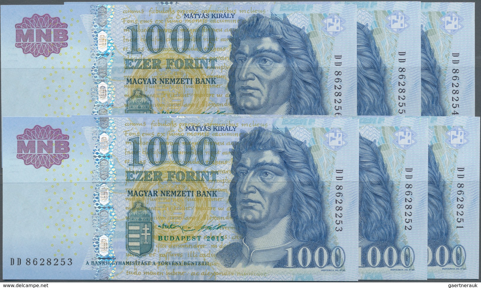 Hungary / Ungarn: Consecutive Set With 6 Banknotes 1000 Forint 2015, P.197e With Serial Number DD862 - Hongrie