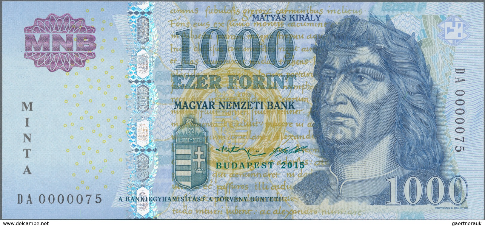 Hungary / Ungarn: 1000 Forint 2015 SPECIMEN, P.197es With Overprint "Minta" And Regular Low Serial N - Ungarn