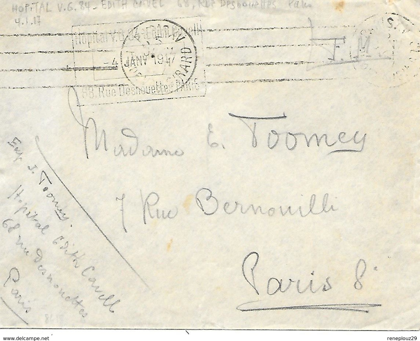 75-cachet Hôpital V G 84-Hôpital Edith Cavell Sur Lettre à Paris En 1917 - WW I